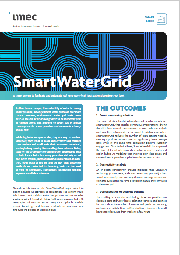 SmartWaterGrid leaflet cover with imec branding SmartWaterGrid leaflet cover with imec branding and blue circuit-style lines over a black background