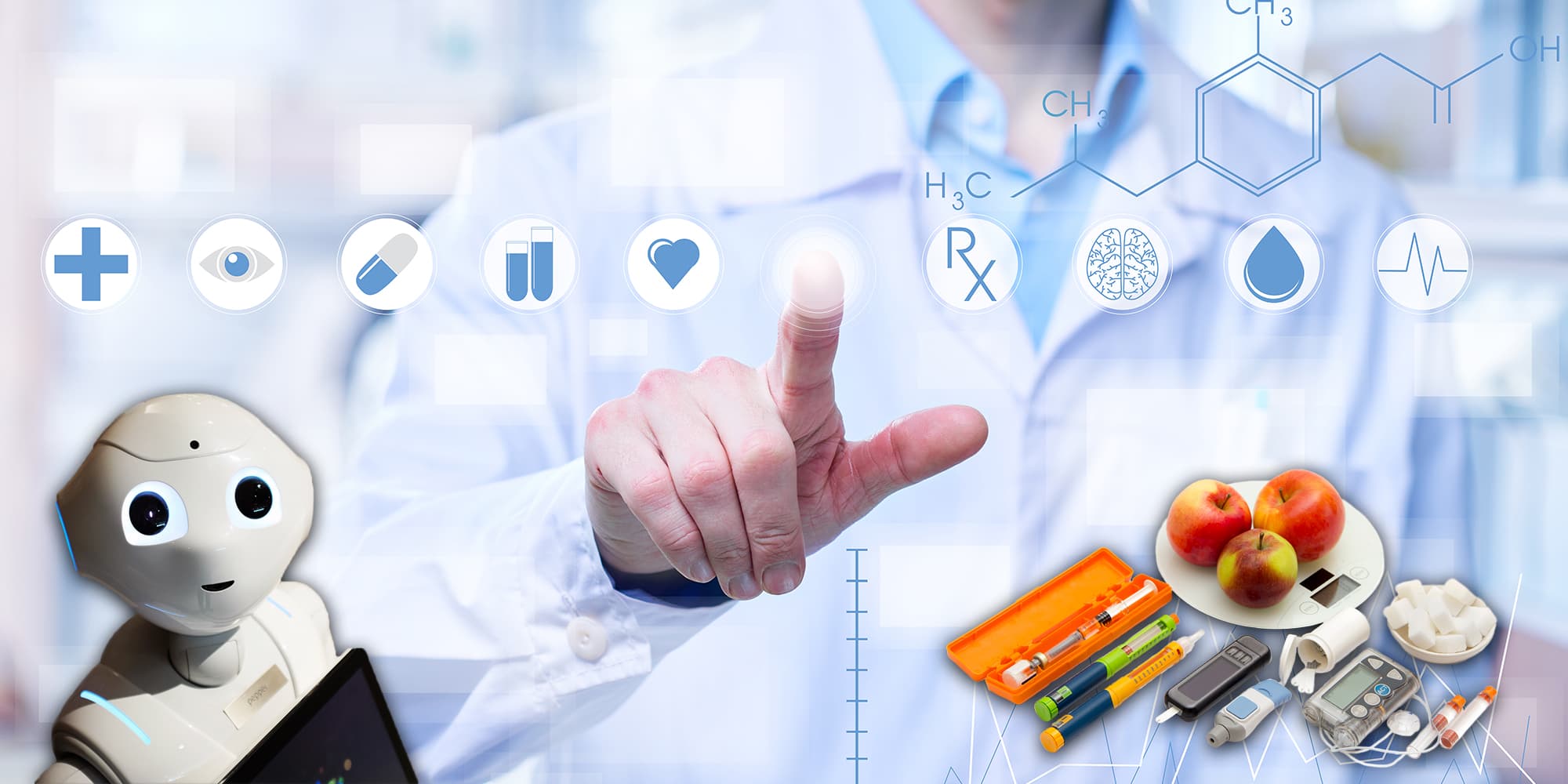 robo-cure_1 Robot, clinician hand, and diabetes care devices over a medical technology background with health icons