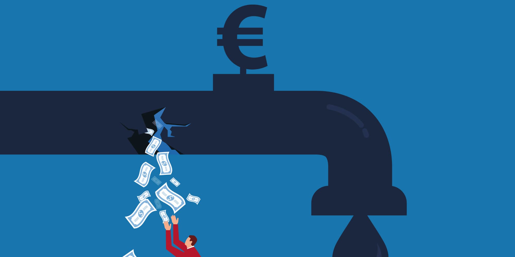 smartwatergrid_1 Illustration of a leaking water pipe with euro symbols and banknotes flowing out.