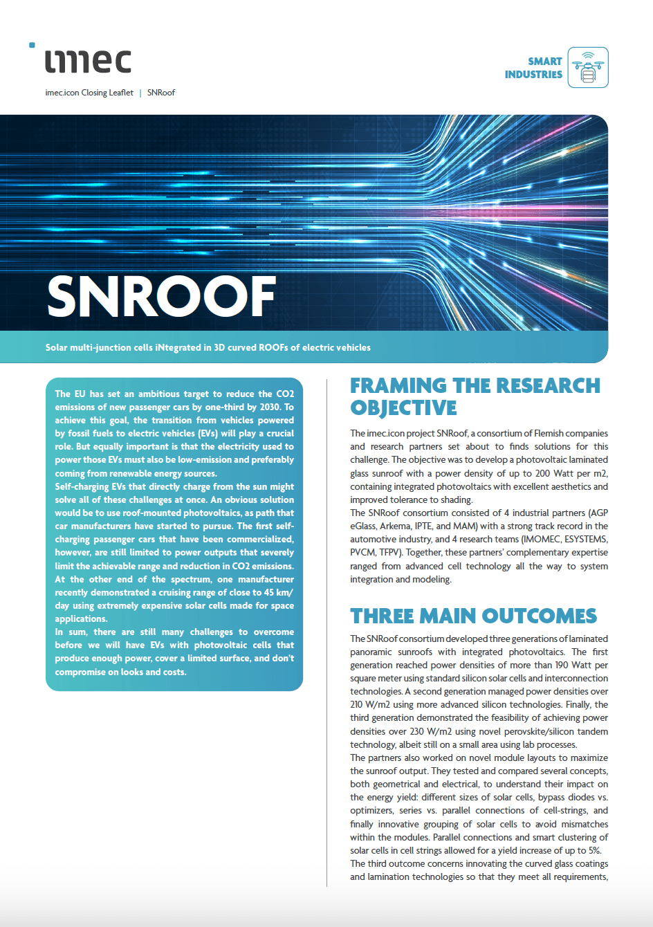 SNRoof leaflet cover with imec branding SNRoof leaflet cover with imec branding and blue light streaks forming a curved path