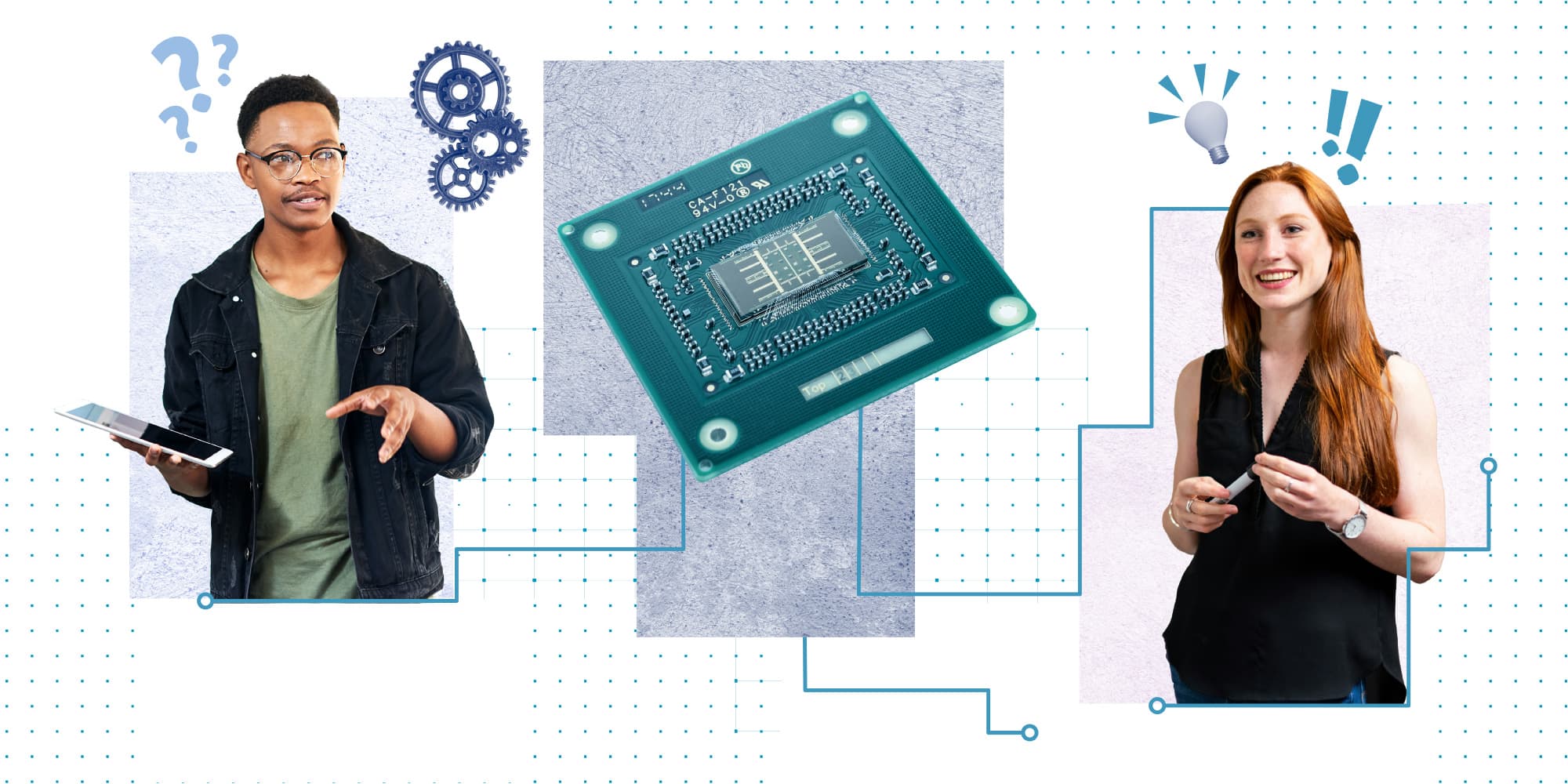 vraag-het-aan-imec Collage met twee onderzoekers en een centrale microchipillustratie, met vraagtekens en ideeëniconen eromheen.