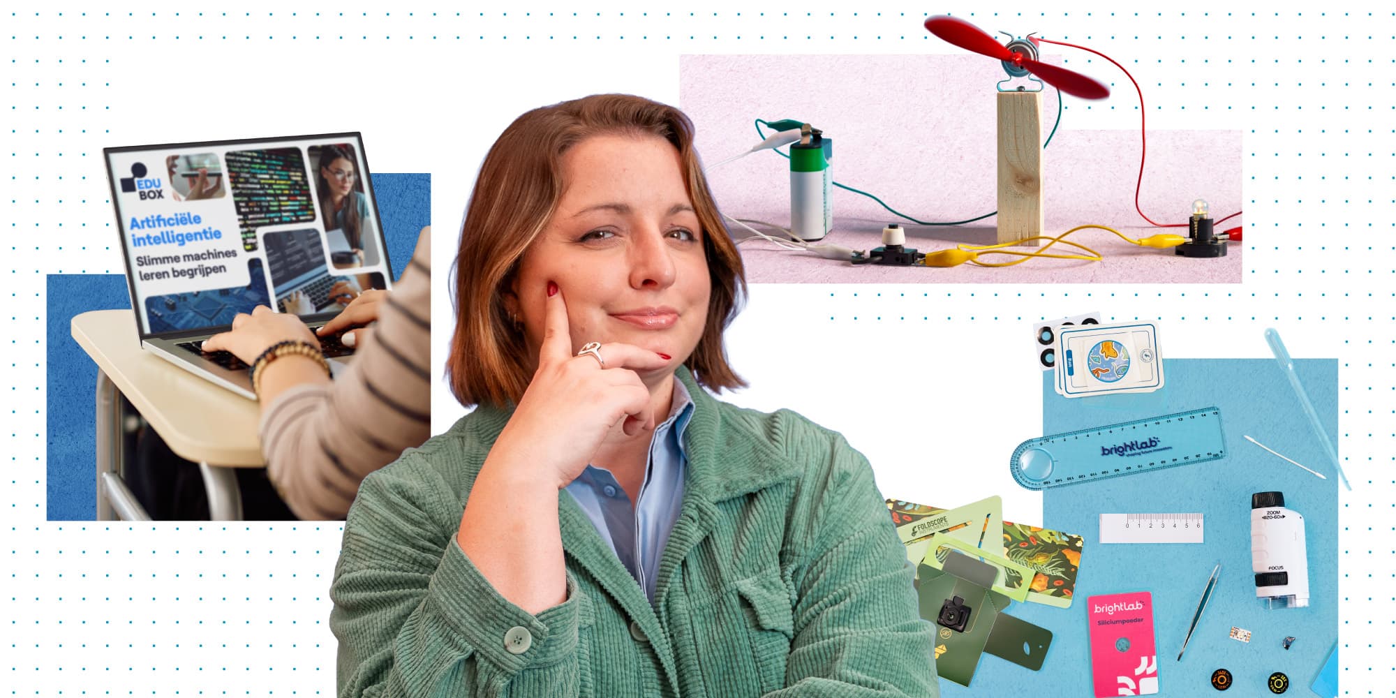 Wetenschap-in-de-Klas Vrouw poseert naast STEM-klasmaterialen, waaronder een laptop, een zelfgemaakte schakeling en wetenschappelijke gereedschappen.