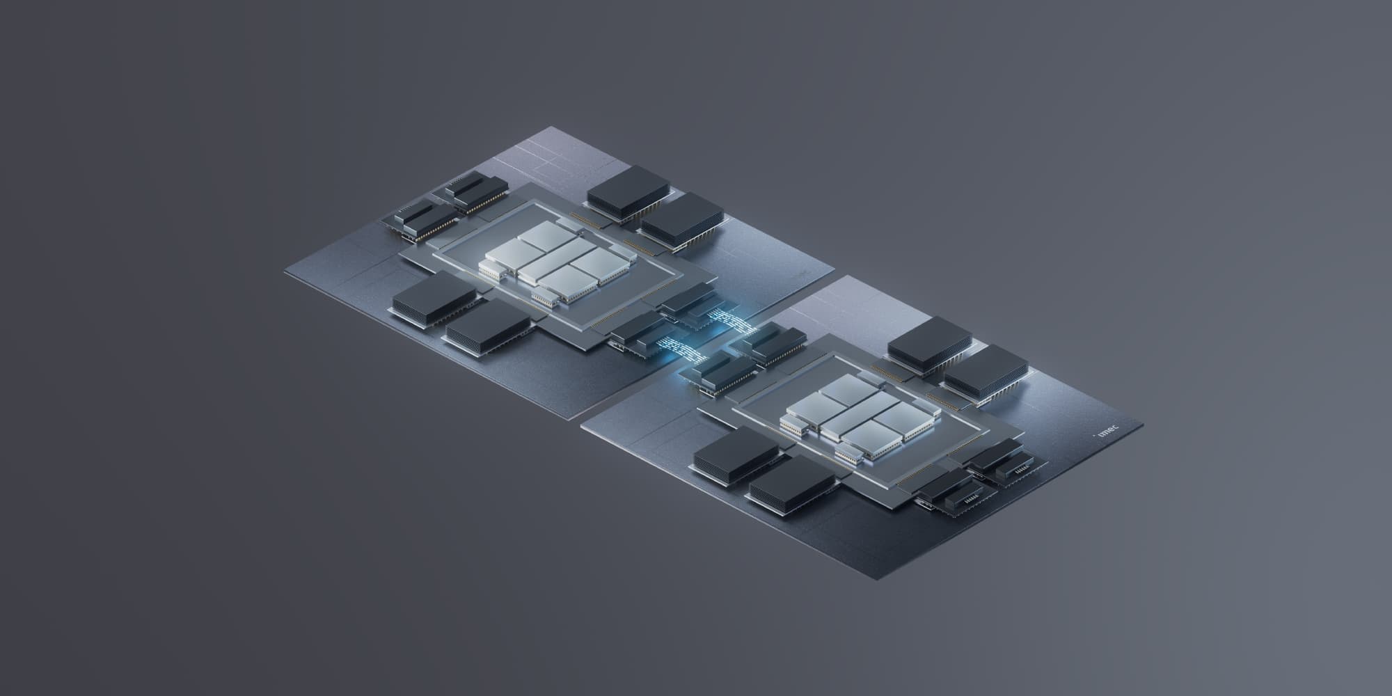 Chassis 3D illustration of two connected automotive chiplets on a dark circuit board