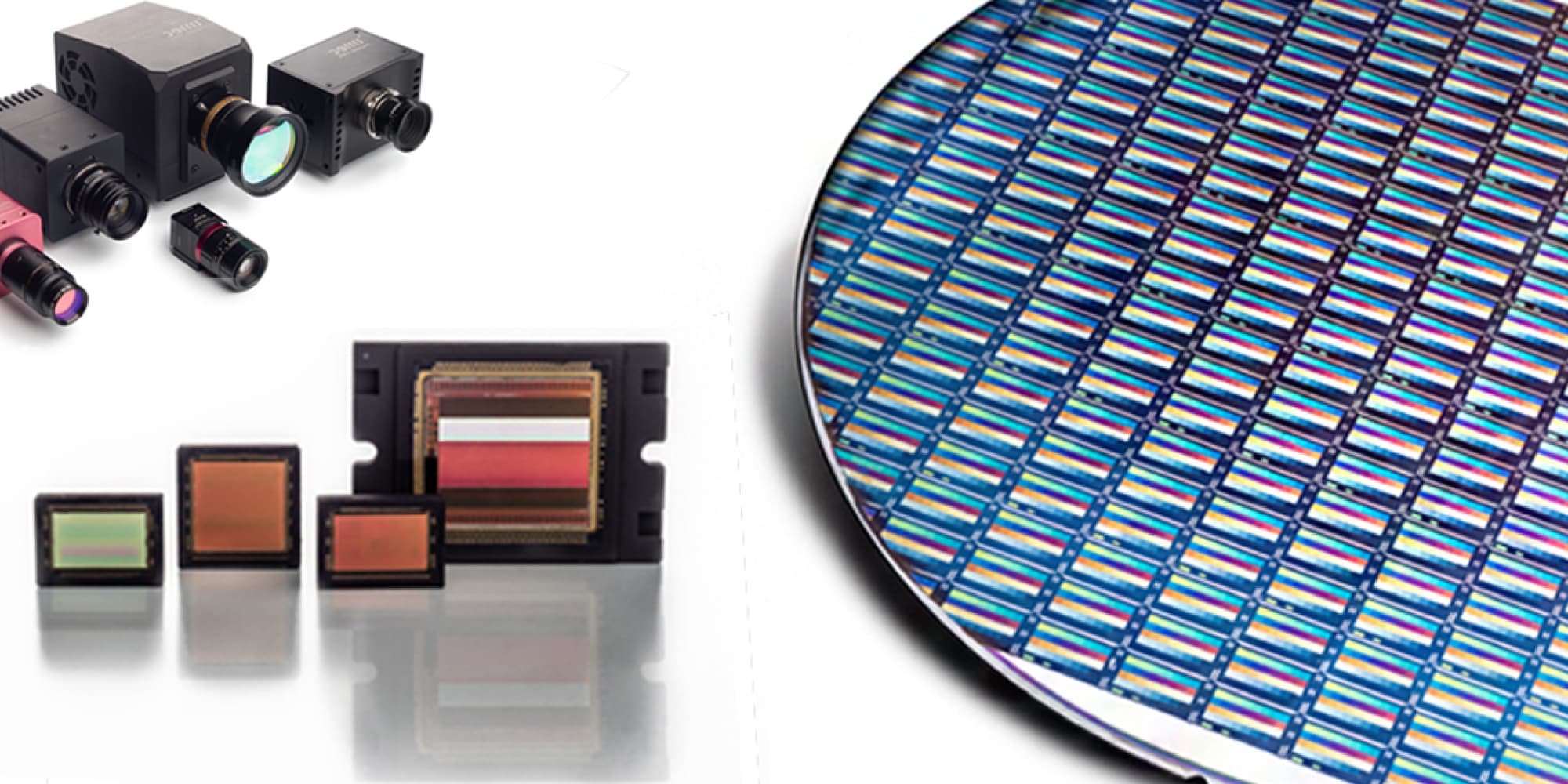 header-hyperspectral-imaging Hyperspectral cameras, sensor chips, and a patterned wafer showing colorful spectral bands.
