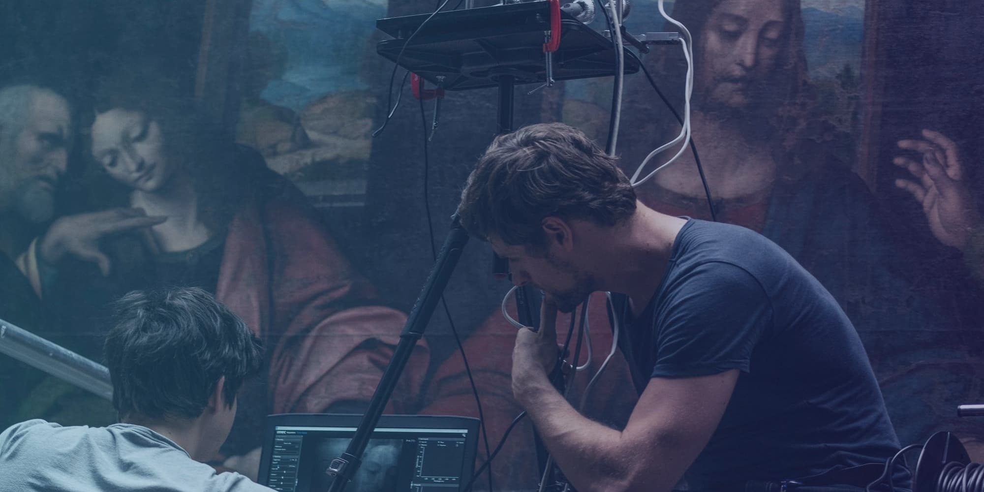 heritage Researchers using a hyperspectral camera to scan a painted artwork