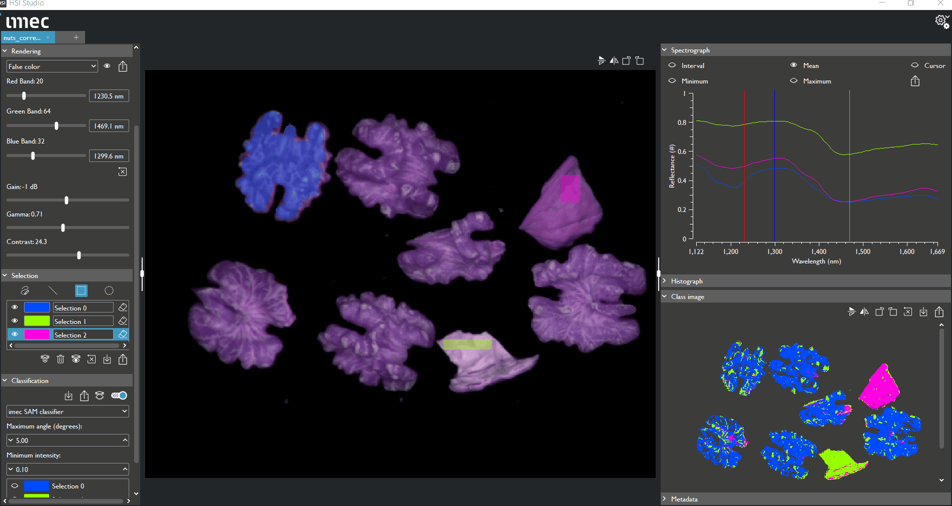 imec%20snapscan%20SWIR%20nuts%20classified_0_0 Hyperspectral software screen showing walnuts segmented and classified in false color with a reflectance graph.