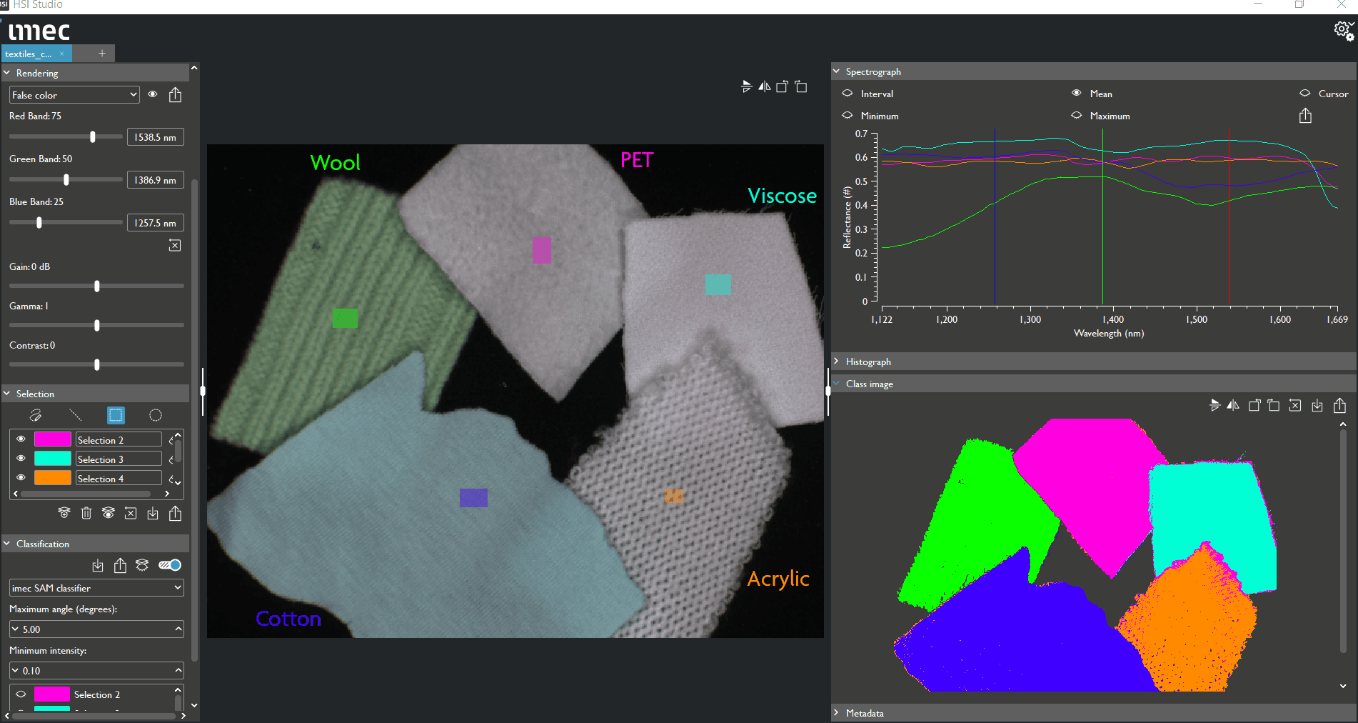 imec%20snapscan%20SWIR%20textiles%20classified%20annotated Hyperspectral software classifies fabric swatches as wool, PET, viscose, cotton, and acrylic.