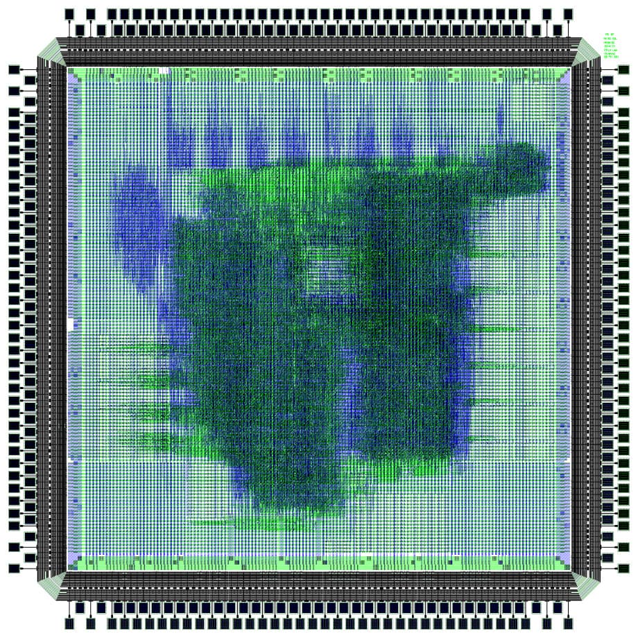 ASIC-design-and-IP Chip layout diagram with a dense central circuit block and pins around the edges