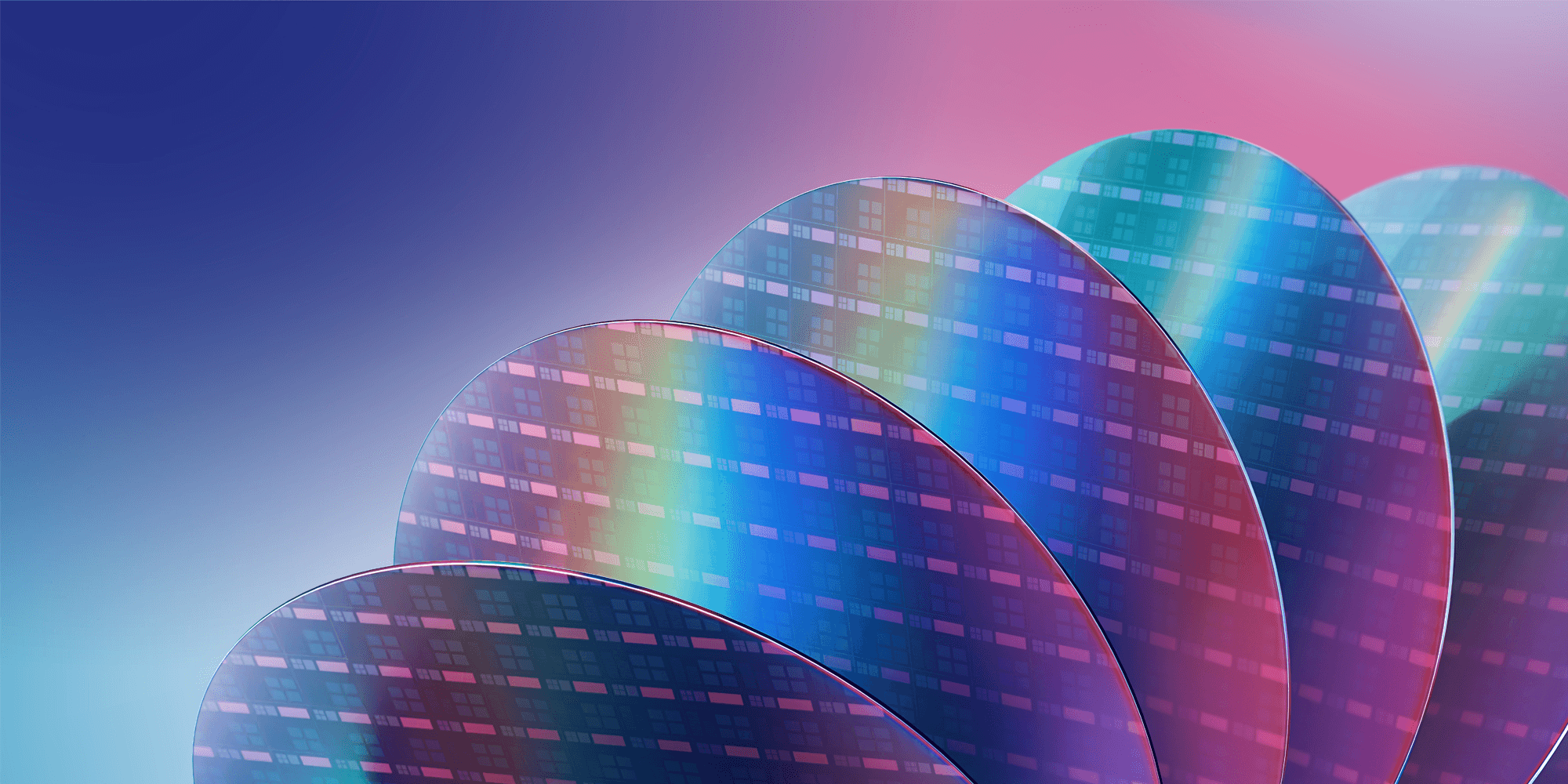 IC-link_banner_2000x1000px Abstract illustration of overlapping semiconductor wafer slices with a colorful blue-pink gradient background