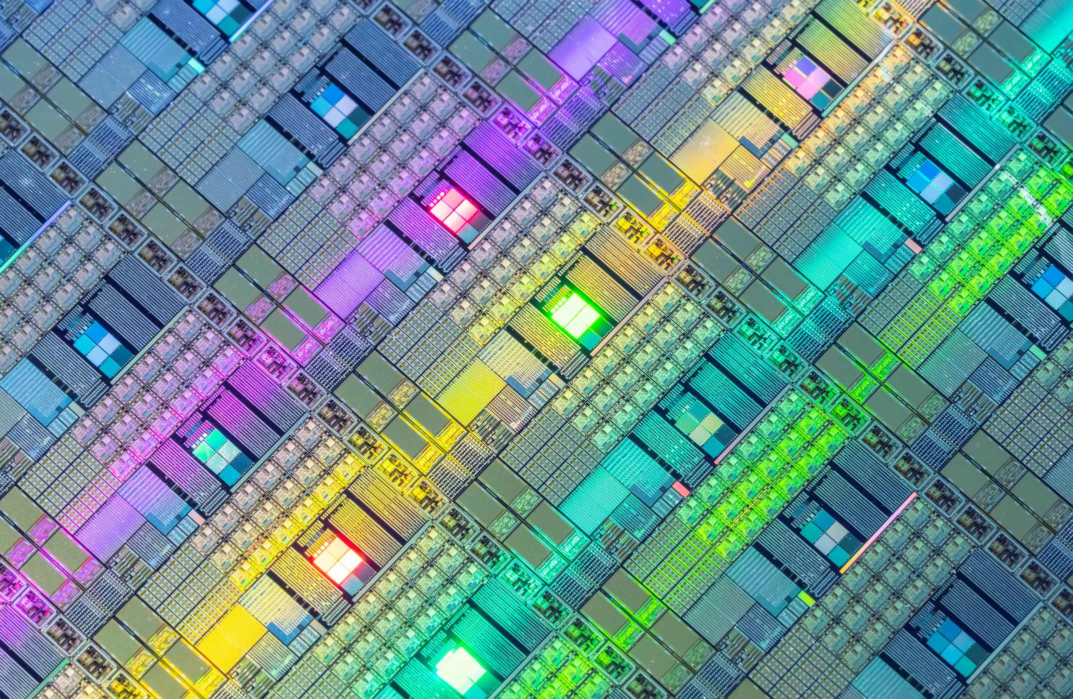 iSiPP200 Colorful silicon photonics chip layout with dense geometric circuit patterns