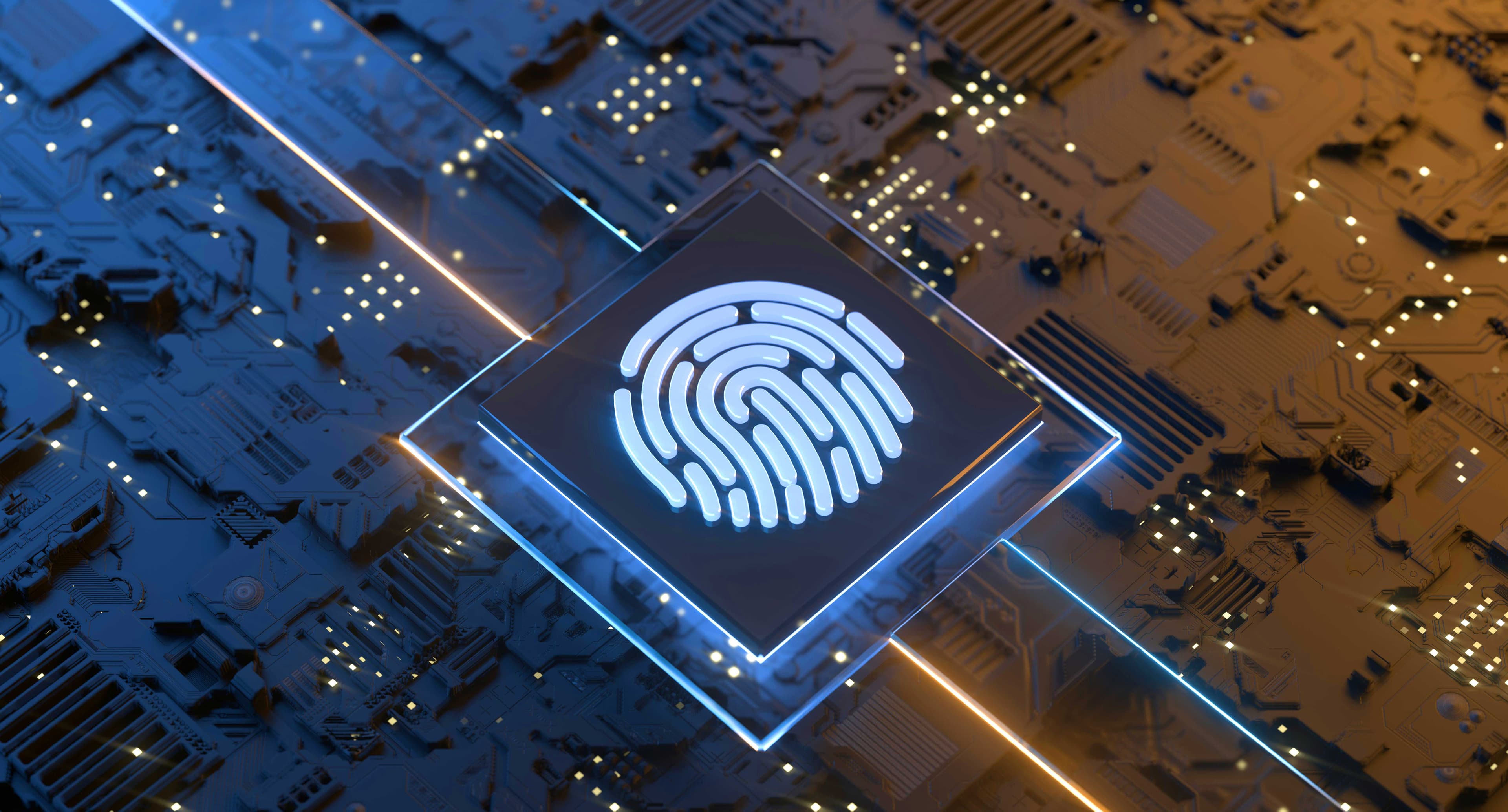 iStock-1220486974 Glowing fingerprint icon on a circuit board, symbolizing secure chip and data technology