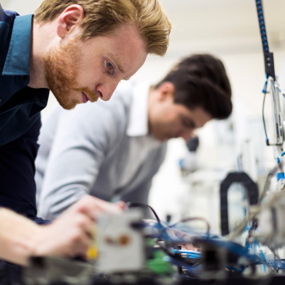 Test-qualification-and-production-optimization-services Researchers working with test equipment in a clean laboratory