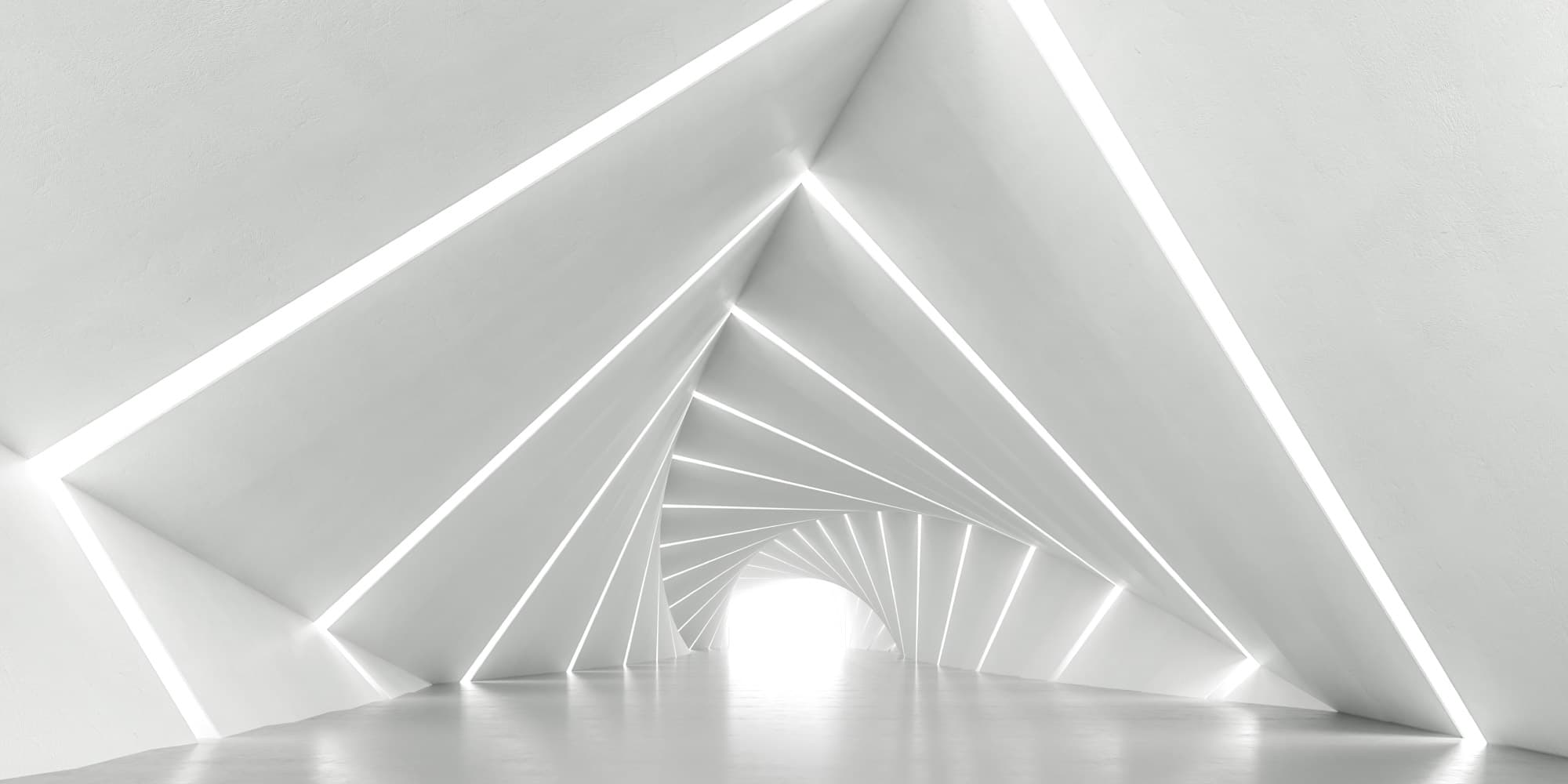 08-darpa-challenge_1 Abstract white tunnel with repeating geometric panels and bright light receding into the distance