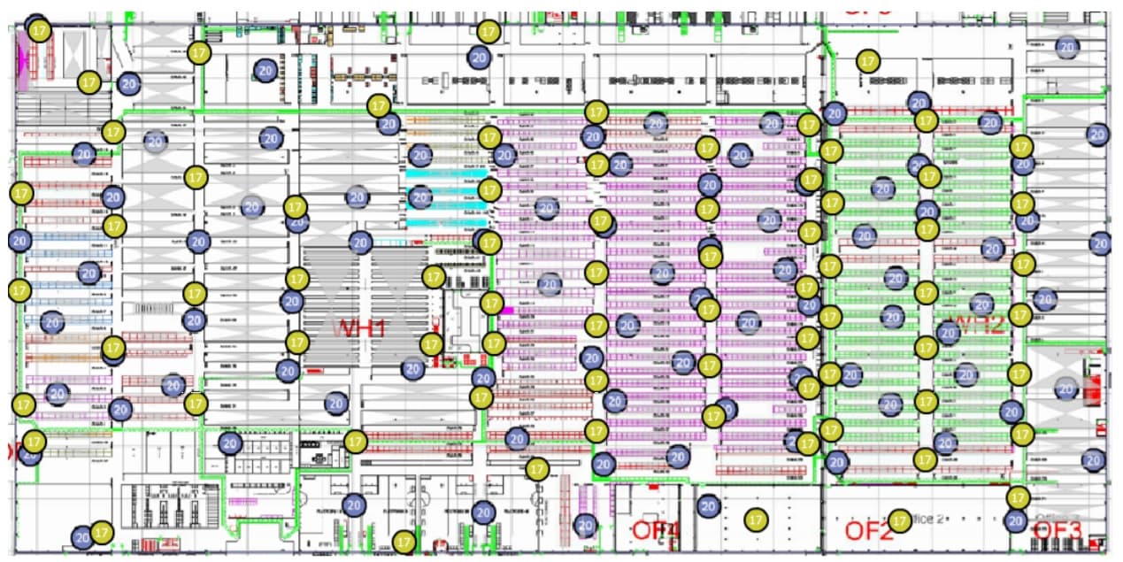 1._WHIPP_Warehouse_0 Warehouse floor plan marked with purple and yellow access points for Wi‑Fi network planning