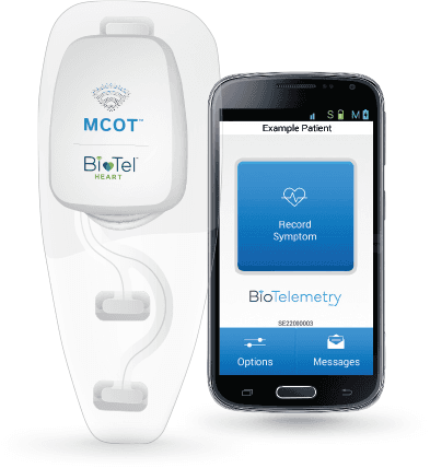 201902-MCOT-with-App BioTelemetry MCOT wearable ECG patch beside a smartphone app screen