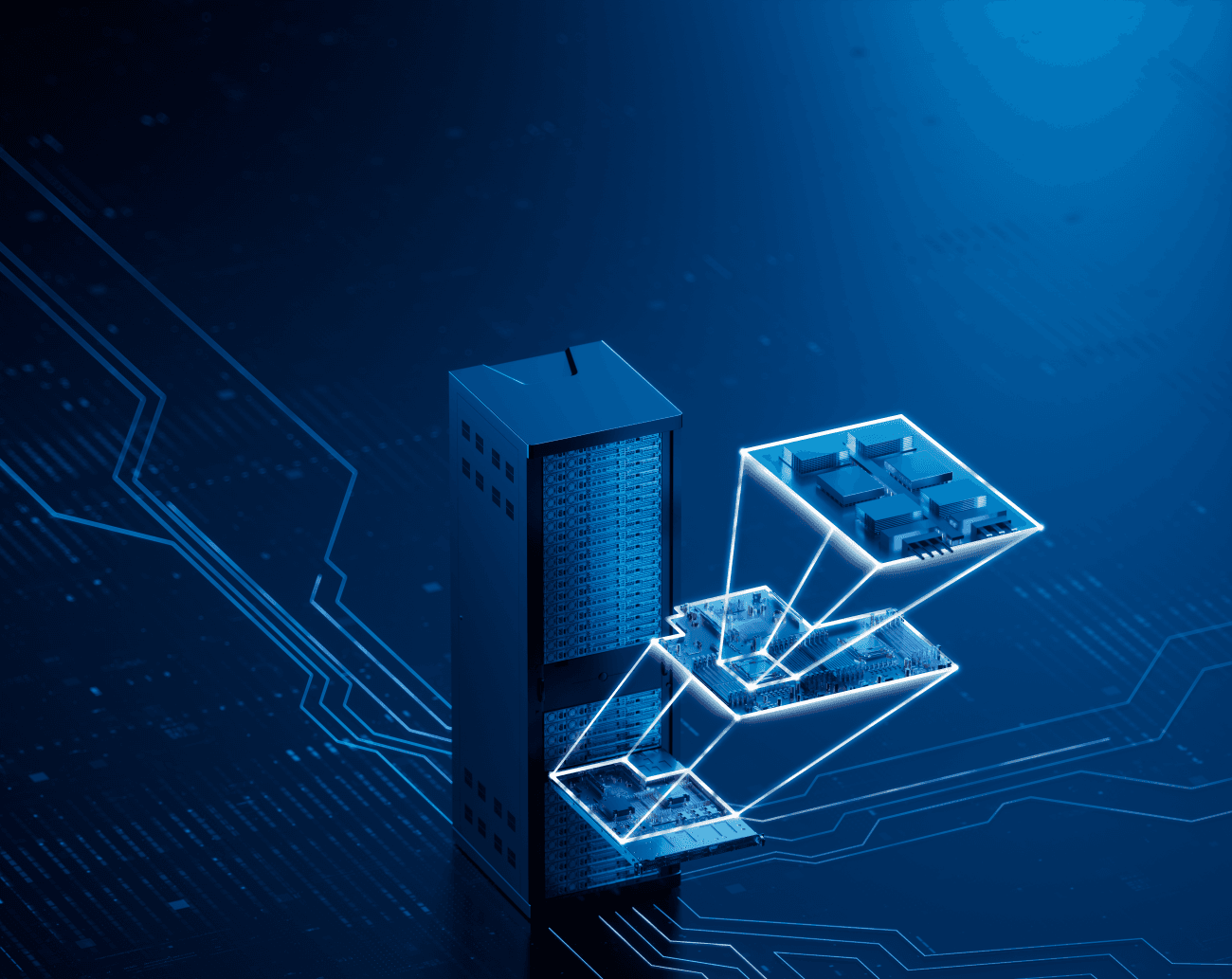 2023_IMEC_3D-Stack_Visual_v07_0 Isometric data center server with glowing layered chip modules and circuit lines on a blue tech background