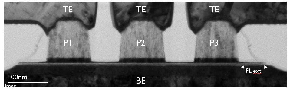 3-pillar-spintronic_1 TEM cross-section of a 3-pillar spintronic logic device with labeled pillars and 100 nm scale bar