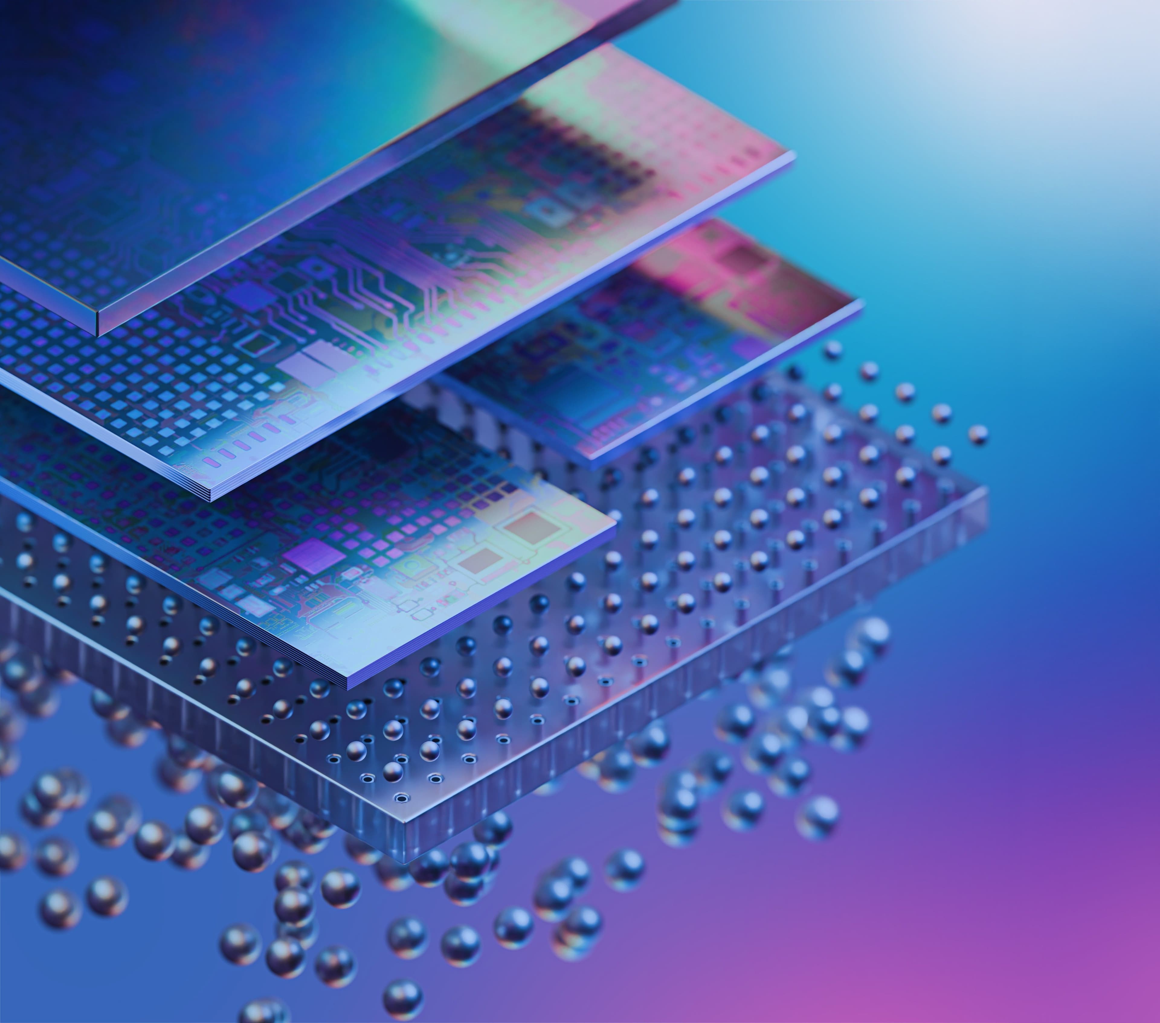 3D%20integration%201 Illustration of stacked semiconductor chips and floating solder balls for 3D packaging
