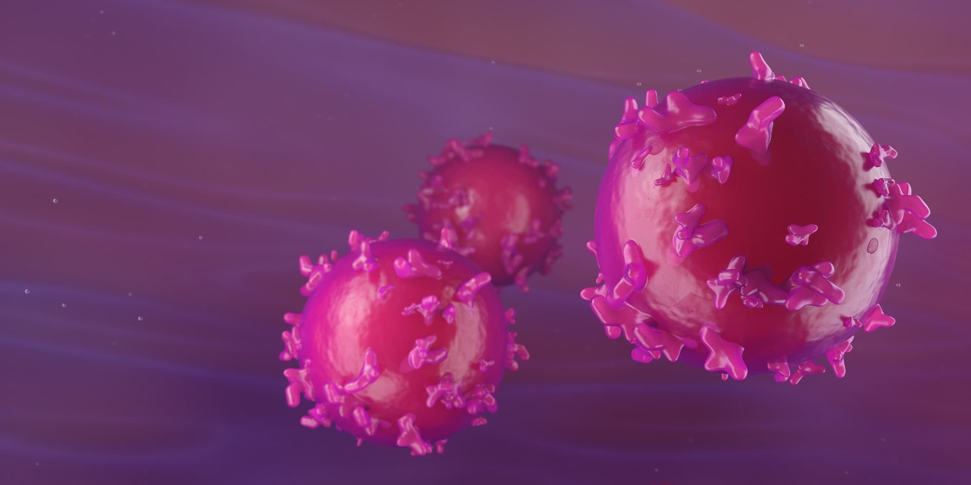 3D-Illustration-of-T-Cells-or-Cancer-Cells 3D illustration of pink cancer or T cells floating in a purple background