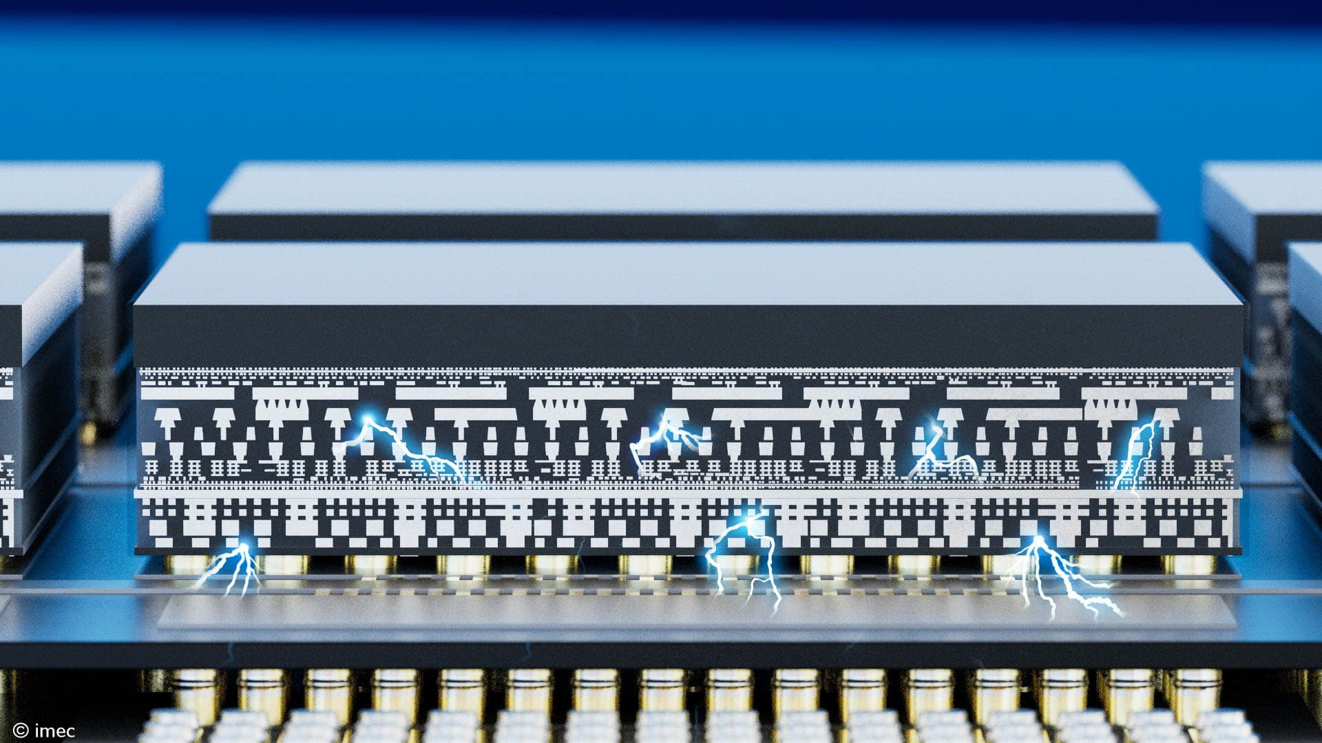 3d_Stack_electrostatic_visual_0 3D illustration of stacked semiconductor layers with electric sparks showing ESD protection