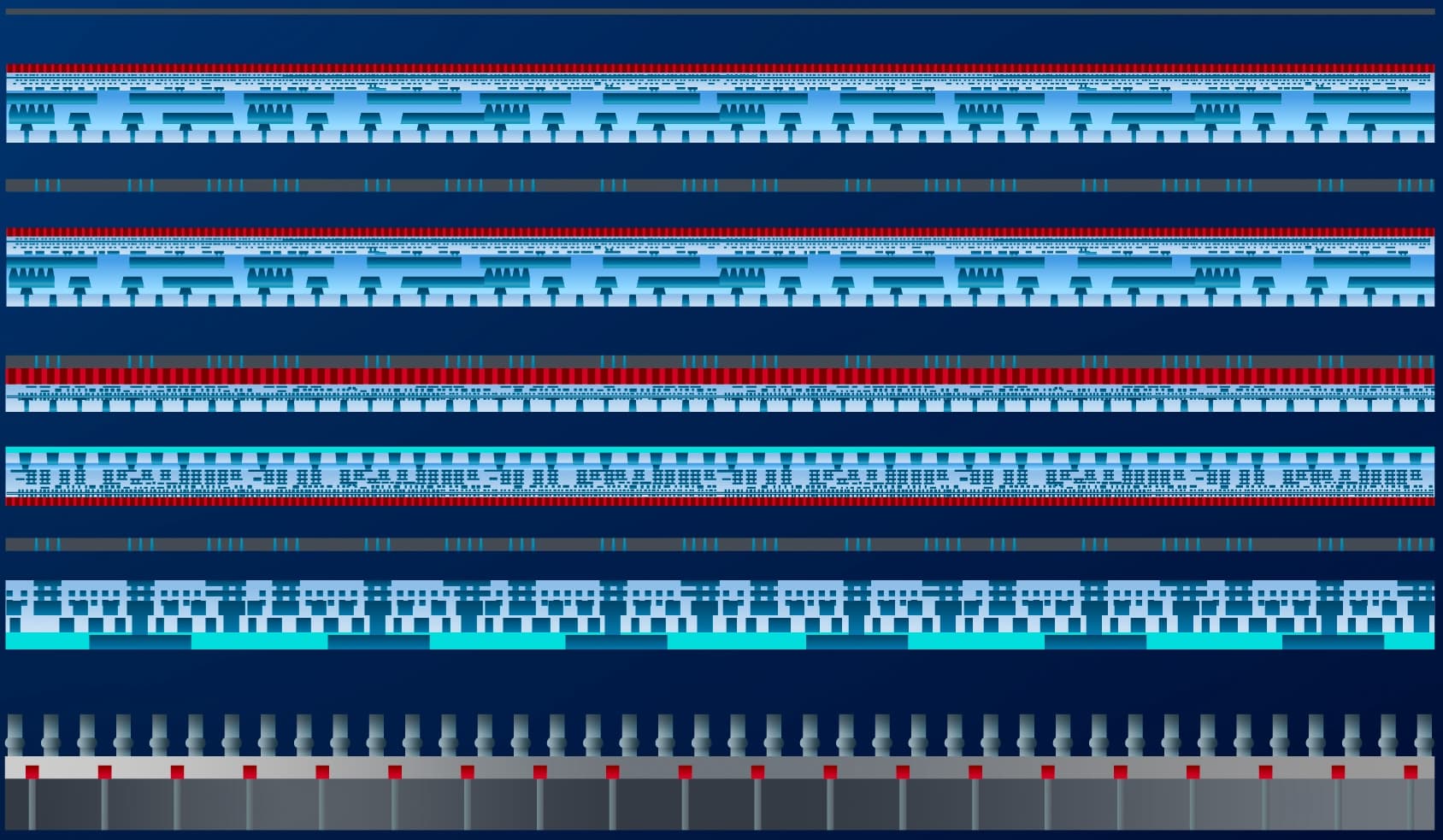 3D_STACKING_visual_20230418_0 Cross-section illustration of stacked semiconductor chip layers and interconnects