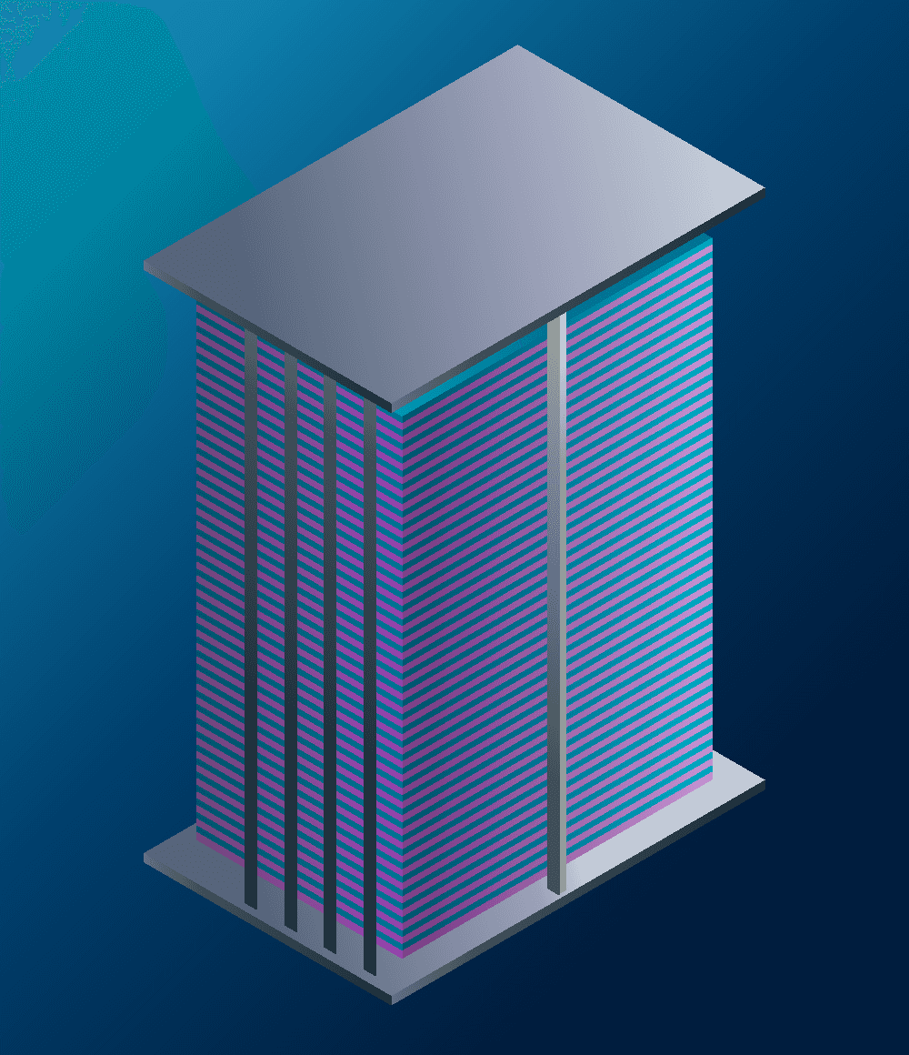 3dnand_blue Illustratie van een gestapelde geheugenchip met gelaagde blauwe en magenta circuits