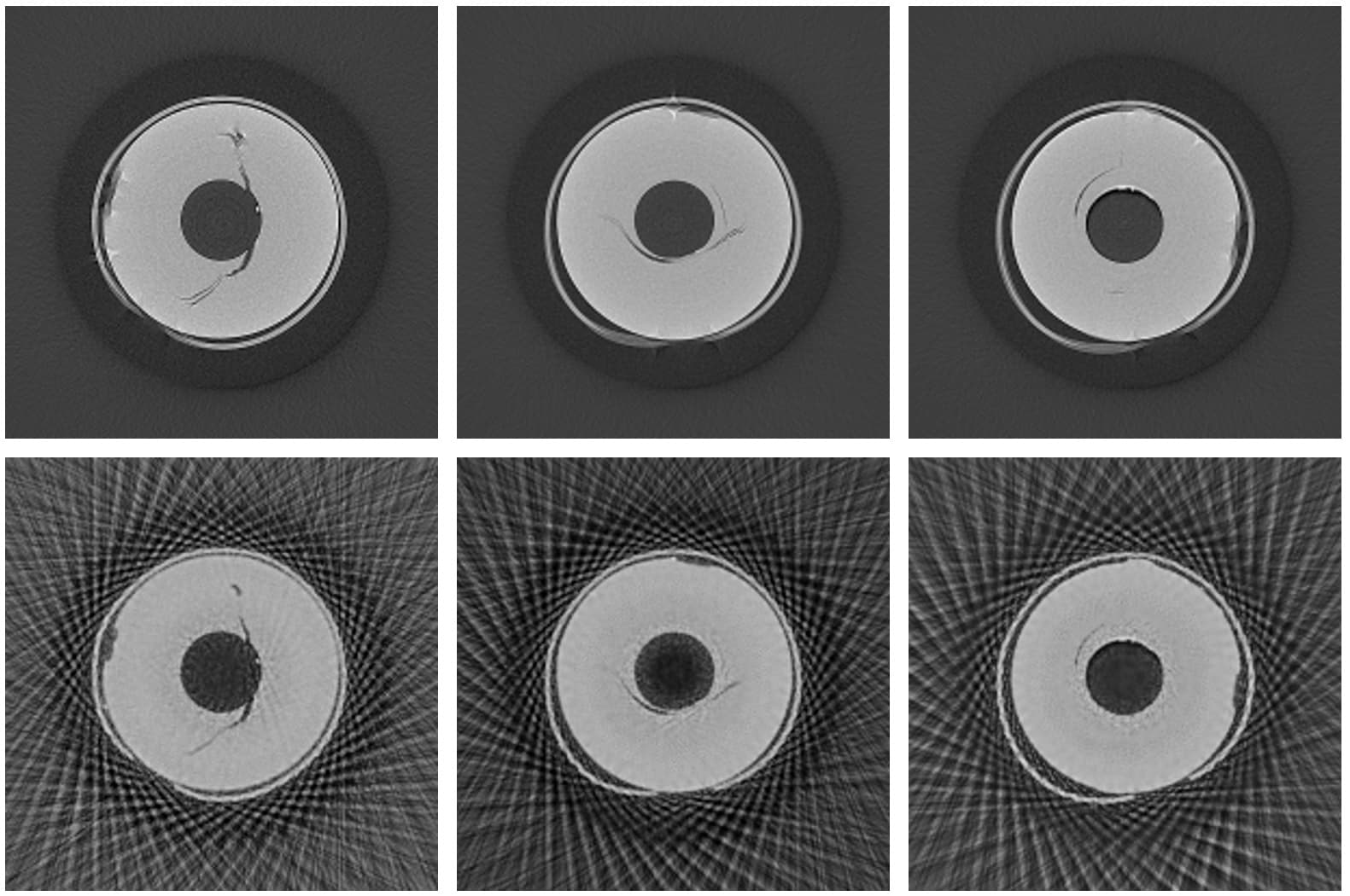 CT reconstruction comparison of plastic part showing internal cracks and artifacts CT reconstruction comparison of a plastic part, showing internal cracks and scan artifacts in six grayscale panels.