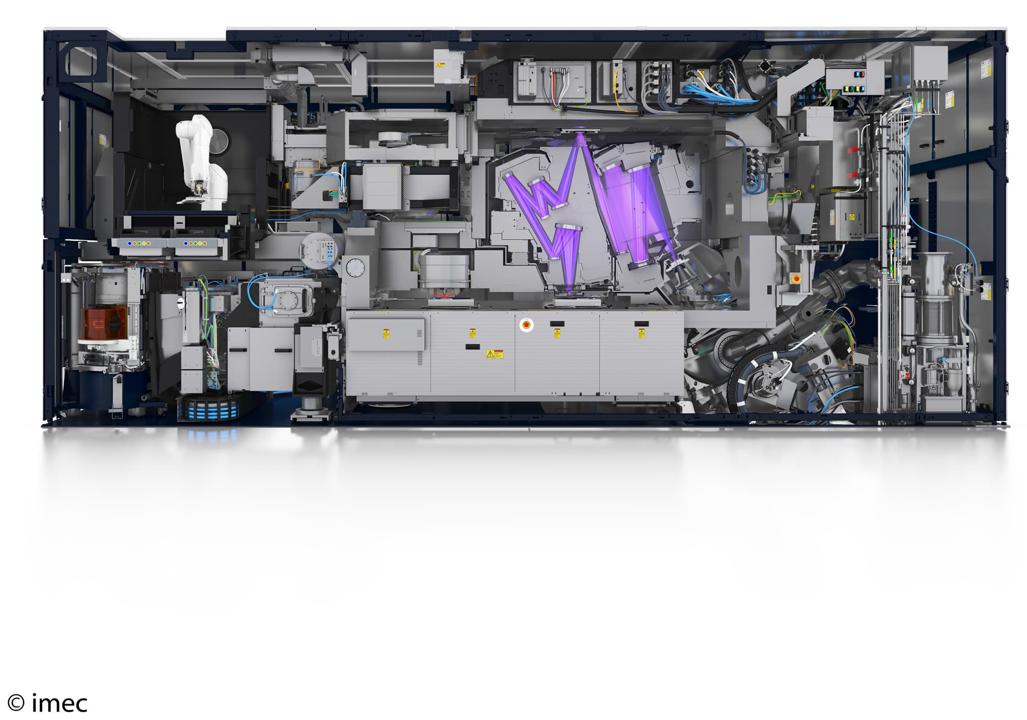 Cutaway view of EUV lithography machine with robotic arm Cutaway view of an EUV lithography machine with a robotic arm and purple light paths inside