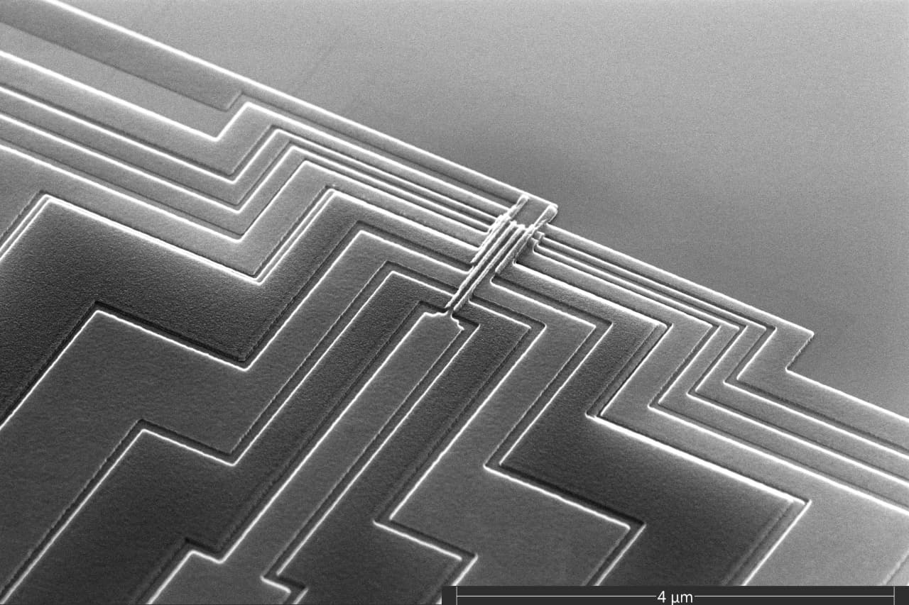 4micrometer SEM top view of a silicon qubit structure with layered gate lines and a 4 µm scale bar.