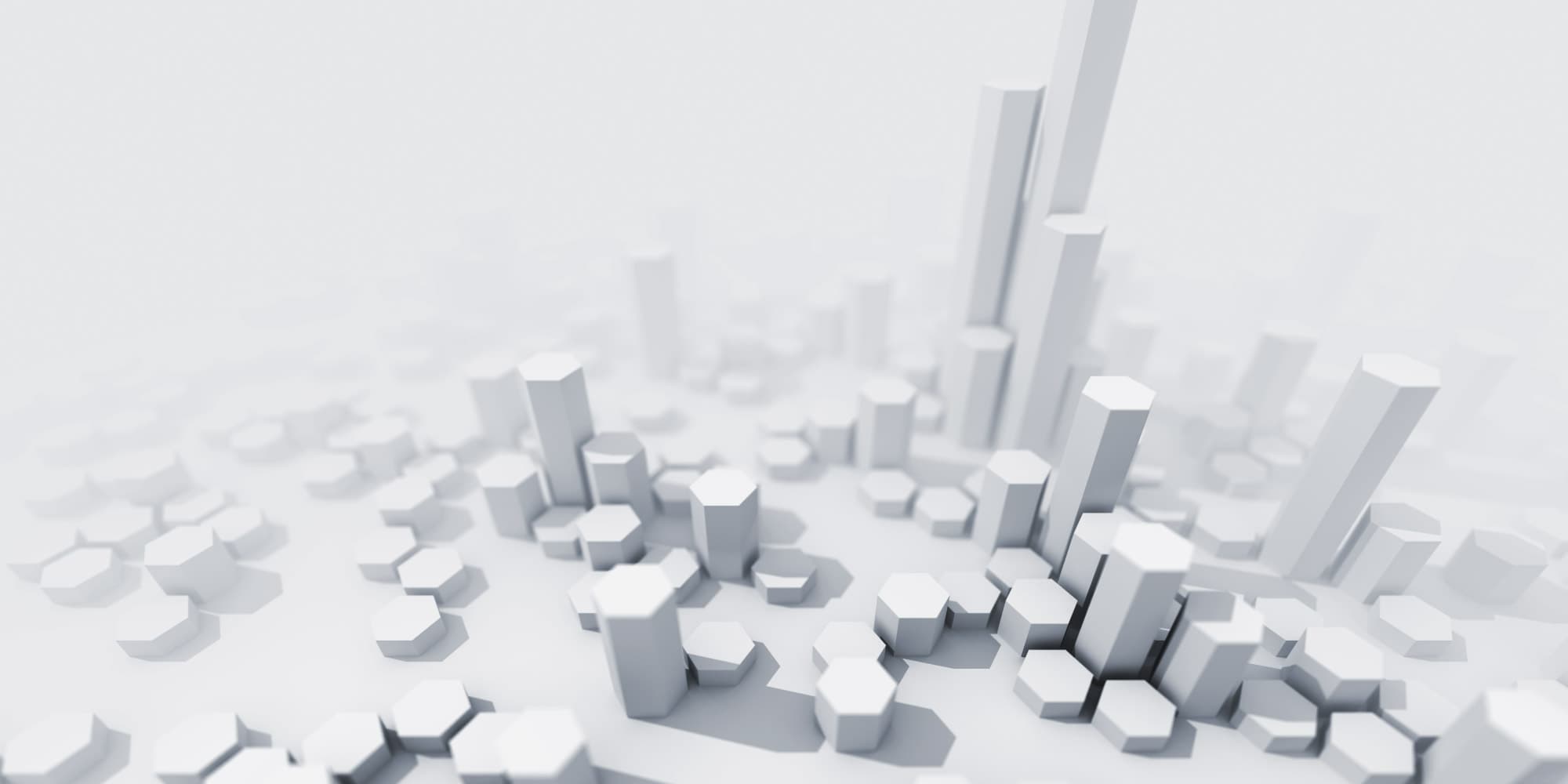5.-slimme-gebouwen_1 White 3D cityscape of hexagonal blocks and tall towers suggesting a smart building network