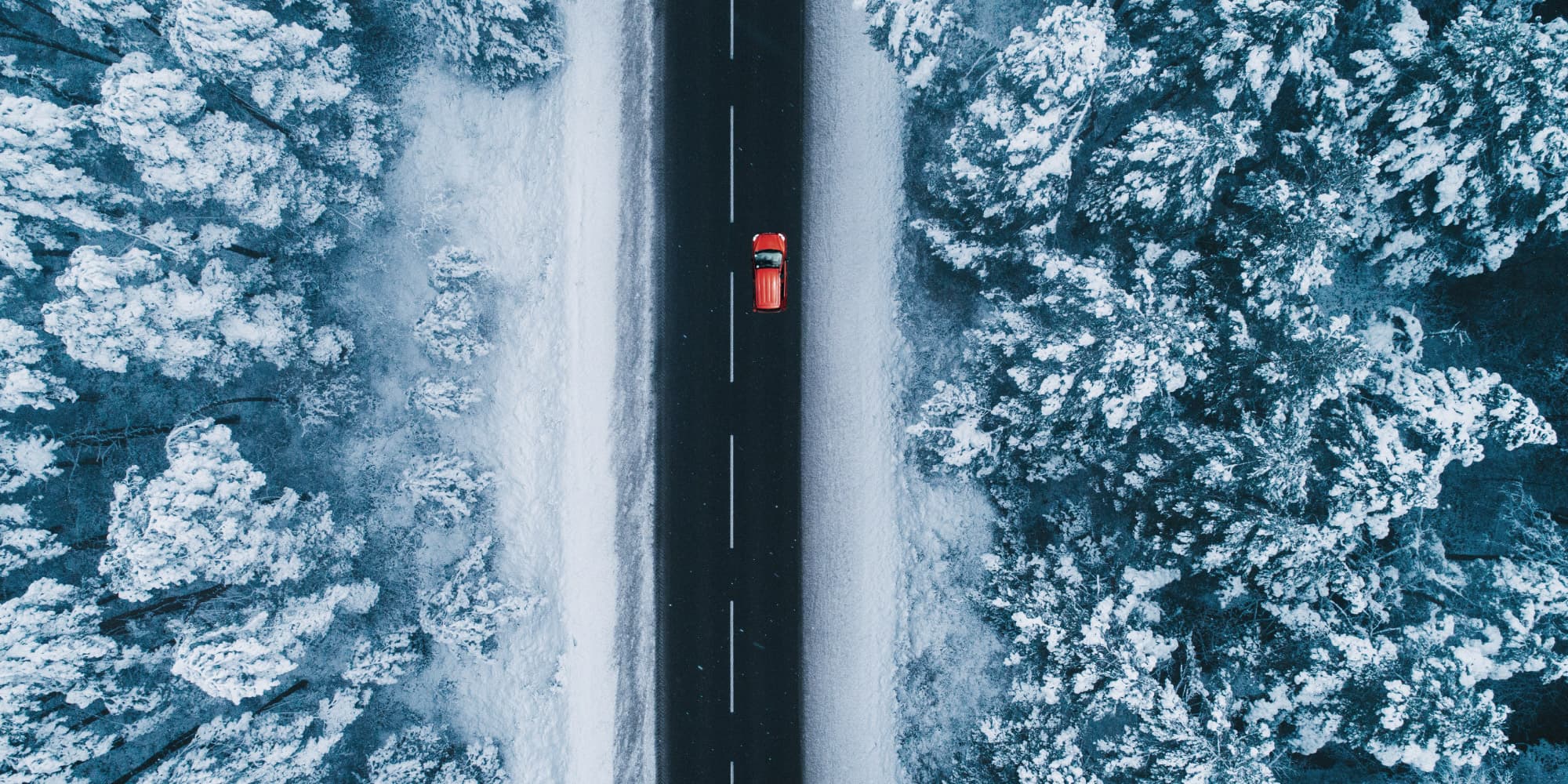 6_ganchip-ecars_1 A red car drives along a snow-covered road through a winter forest, seen from above.