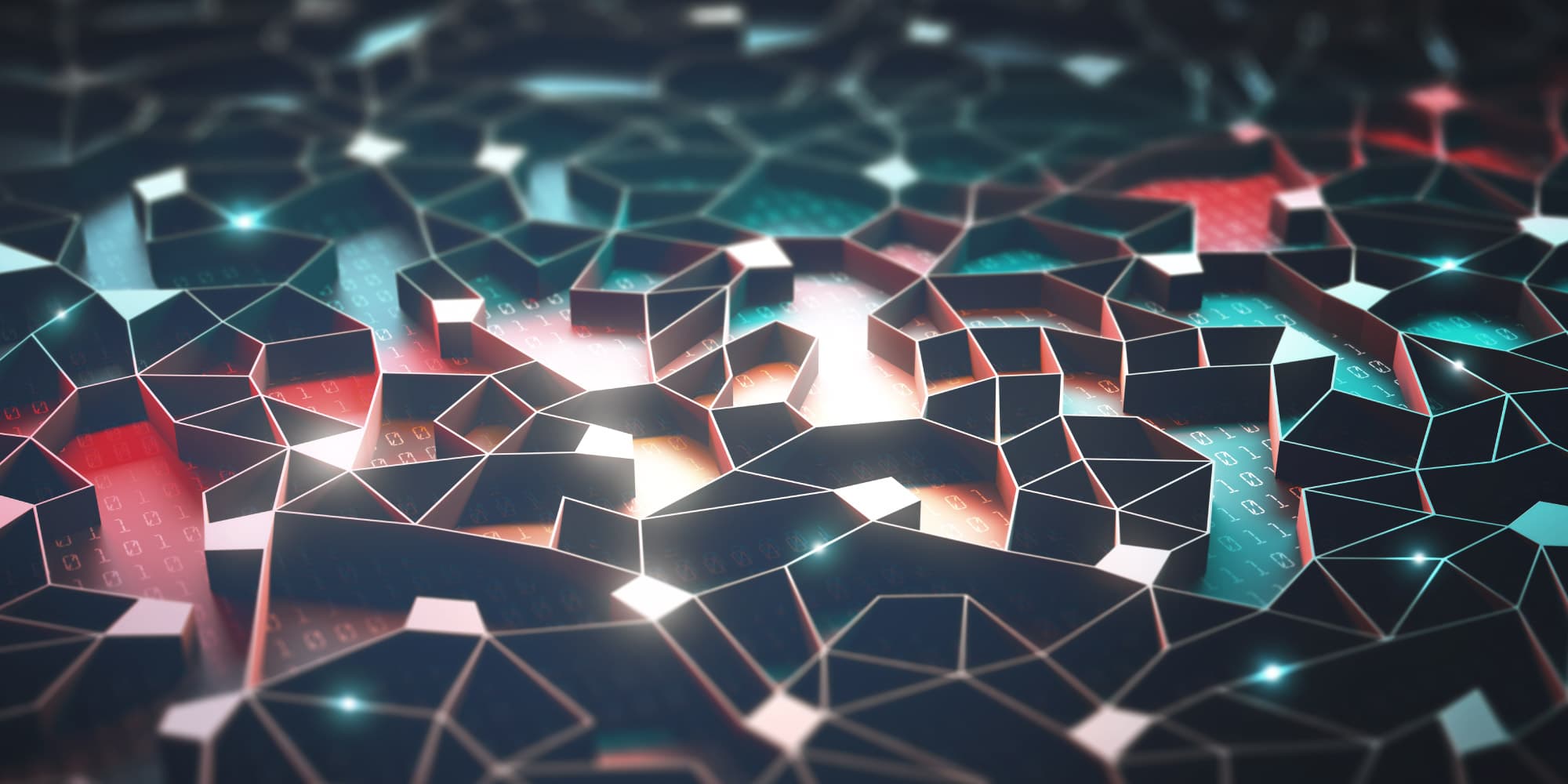 6.-majority-gates_1 Abstract digital network of connected polygon tiles glowing in blue and red