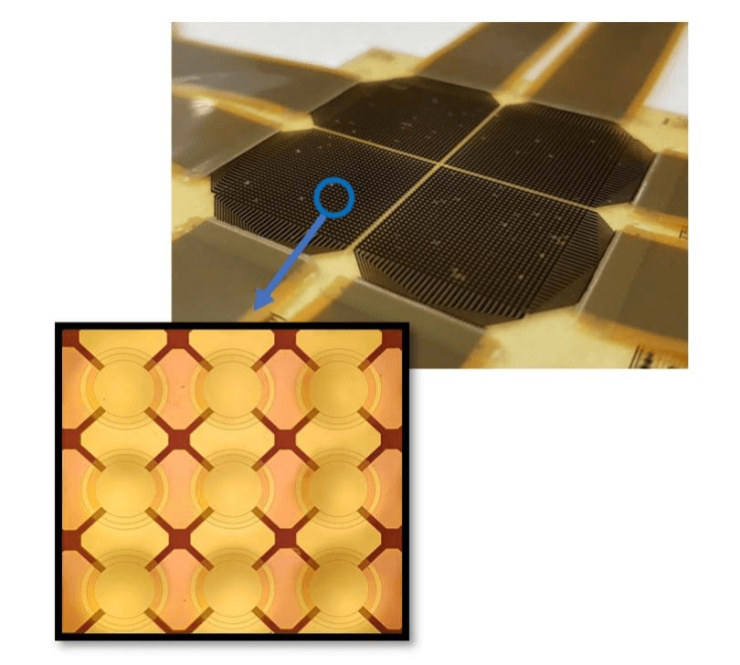 64x64%20array%20of%20polymer-based%20PMUTs%20on%20a%204x4%20cm2%20area Close-up of a polymer-based PMUT array with circular transducer cells on a silicon chip