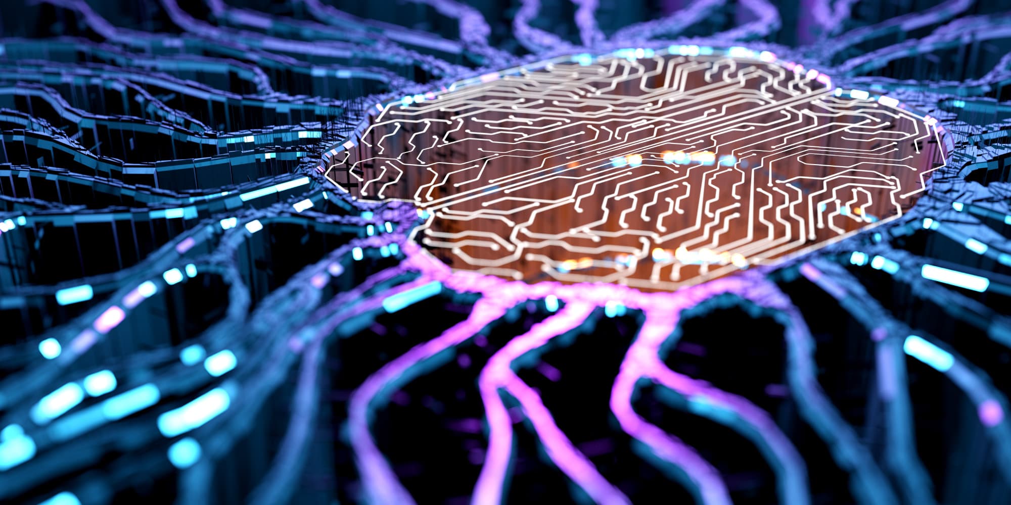abstract glowing circuit board brain Abstract glowing circuit board forming a brain shape, with blue and purple neon traces around a central chip-like core.