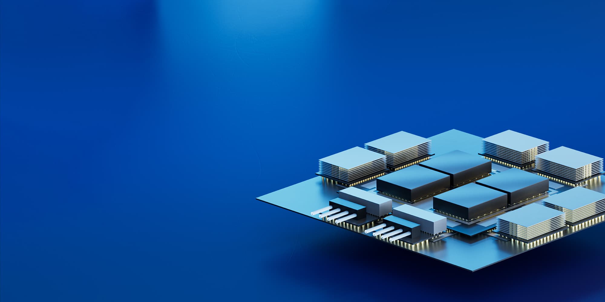 3D illustration of modular chiplet package 3D illustration of a modular chiplet package on a blue background