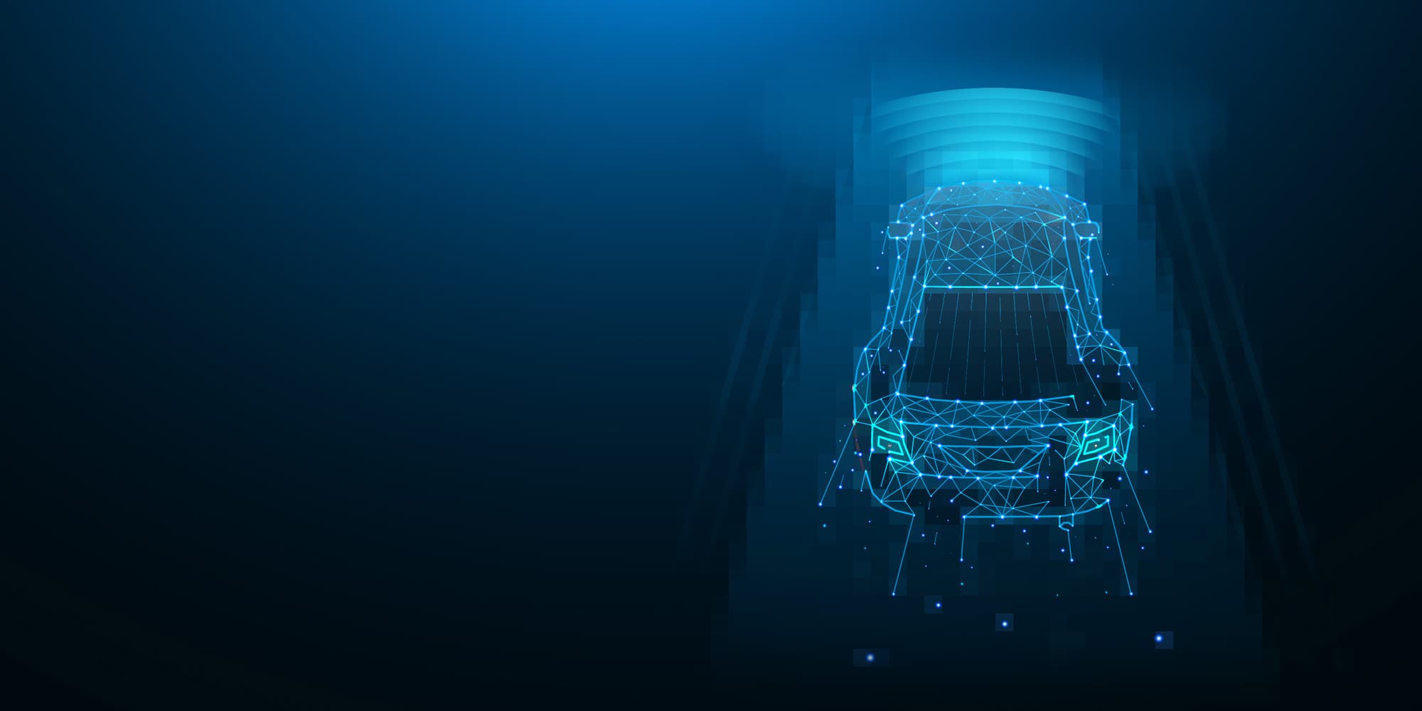 Stylized glowing autonomous car graphic Stylized glowing blue autonomous car viewed from above on a dark background