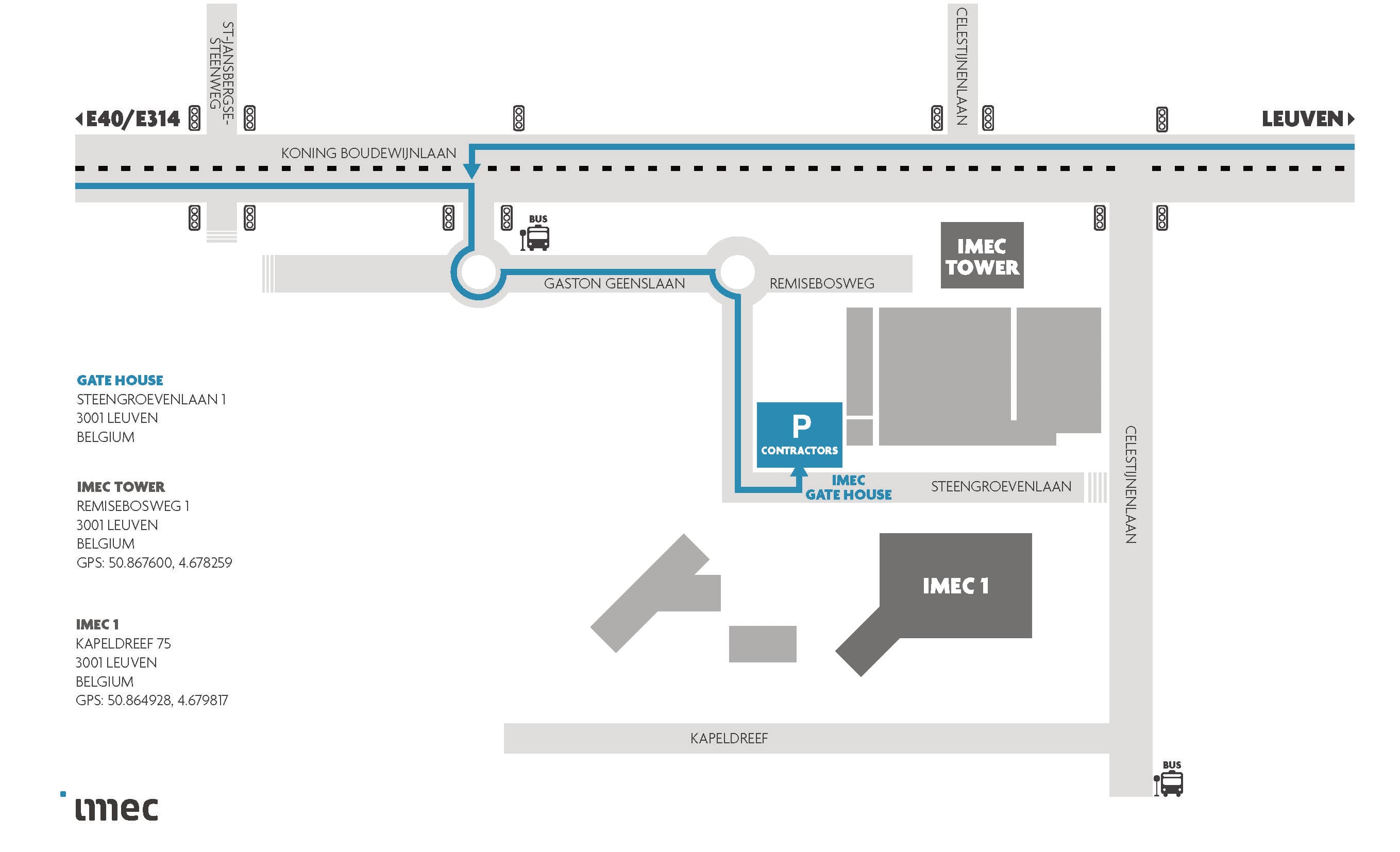 Access_to_imec_0 Site map showing directions to imec Gate House, IMEC Tower and IMEC 1 in Leuven, with contractor parking highlighted.