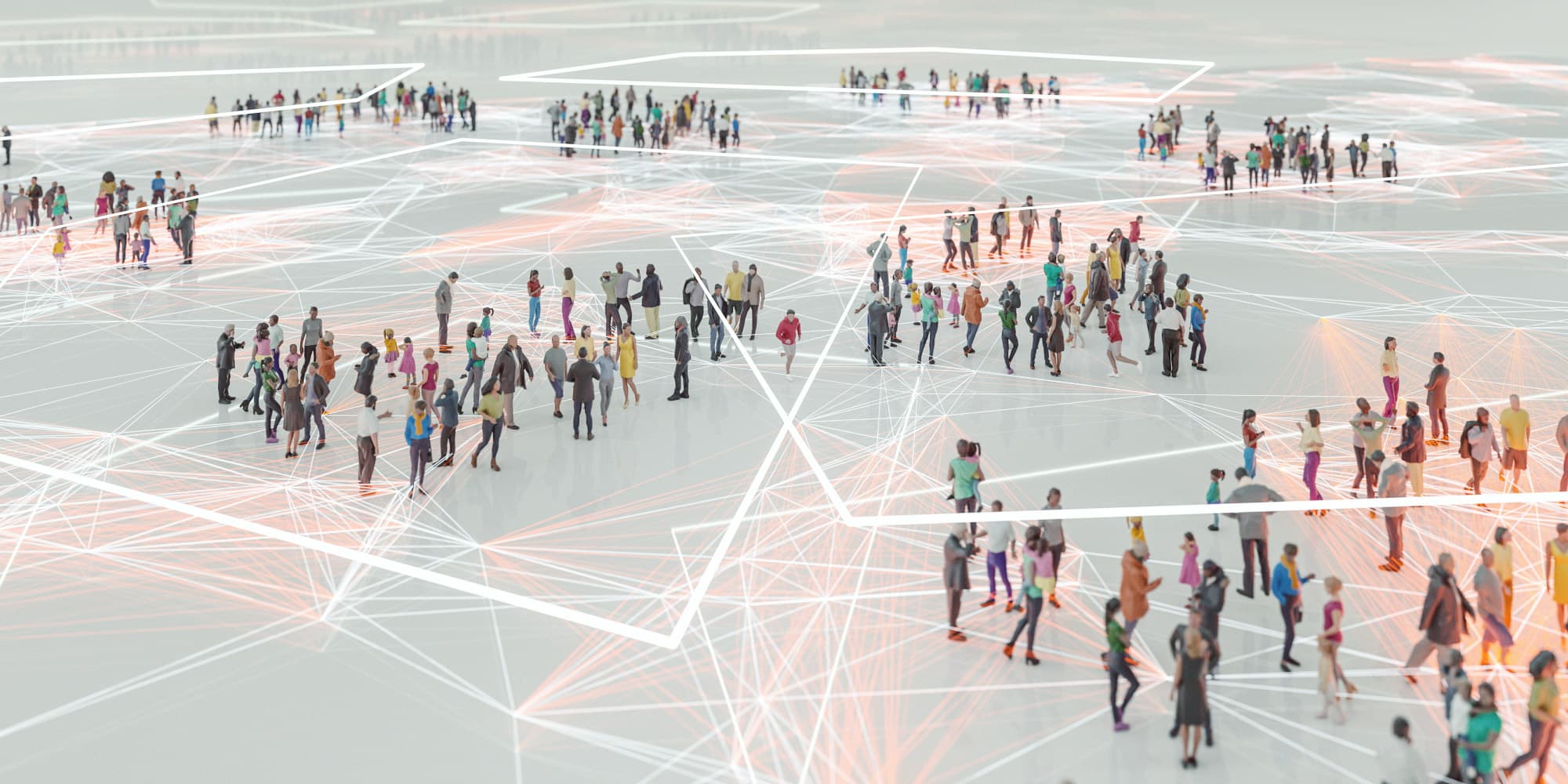 Accurate-and-secure-localisation-technologies Crowds of people stand on a map-like surface linked by bright network lines, suggesting secure localisation tracking.
