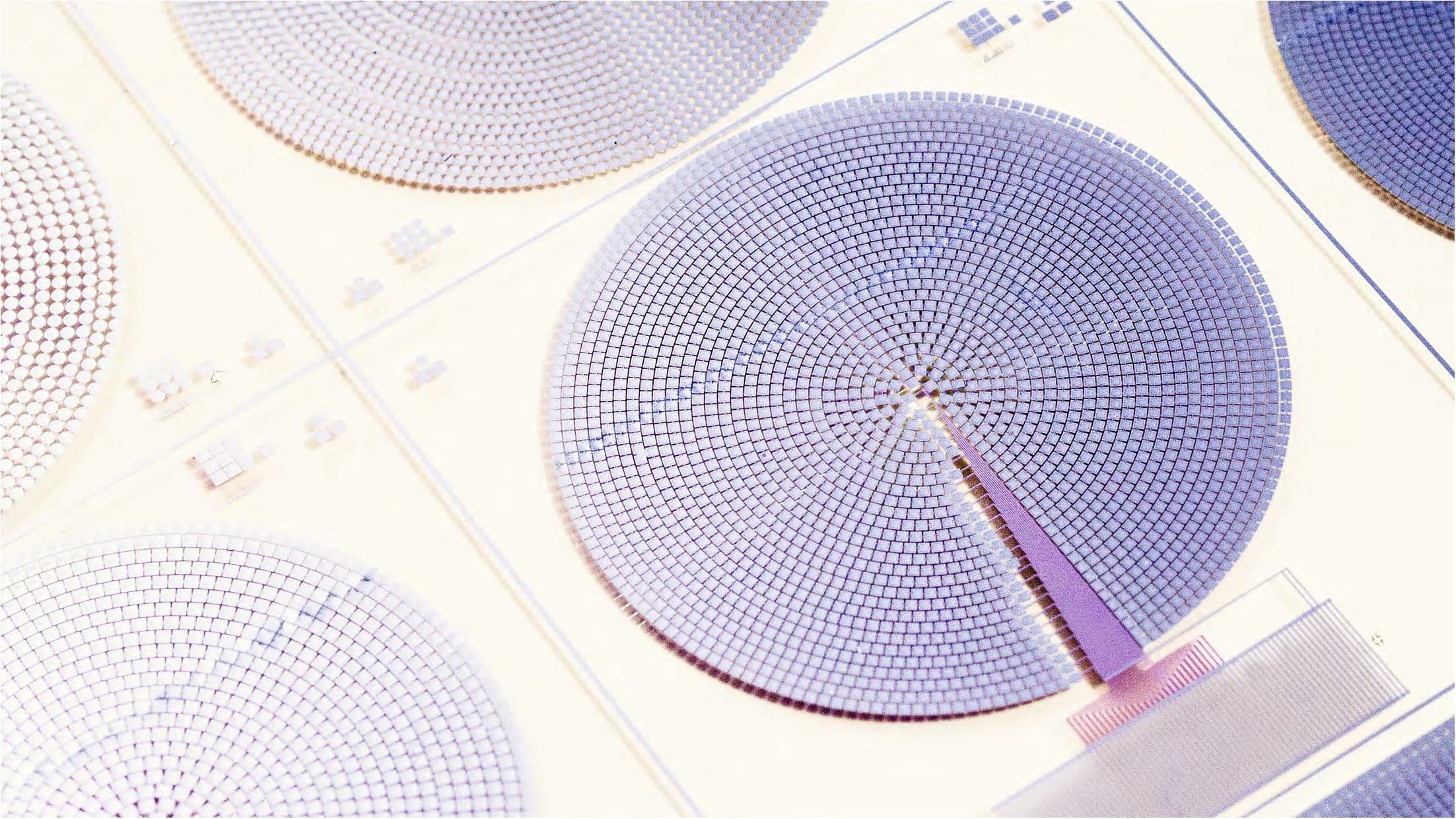 Acoustic_fingerprint_sensing_0 Microchip wafer with circular sensor arrays and a tapered purple connection trace
