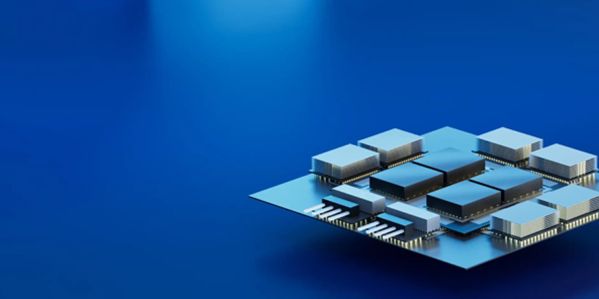 acp-architecture 3D illustration of a modular chiplet package with several stacked semiconductor blocks on a blue background