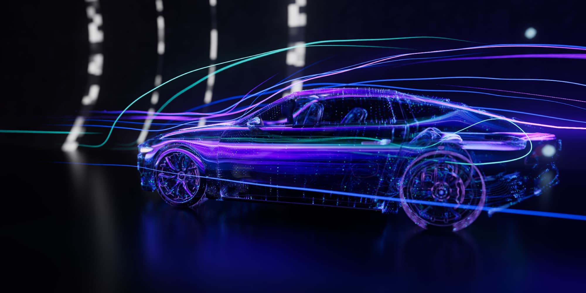 ACP Glowing digital car with neon data streams, illustrating connected automotive chiplet computing