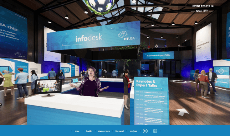 Virtual ITF USA event hall with infodesk and booths Virtual ITF USA event hall with infodesk, keynote signs, and attendees standing around booths