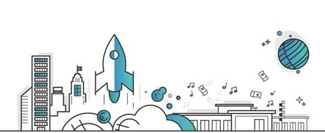 Rocket launching illustration with city skyline and icons Geïllustreerde raket die boven een stadsgezicht opstijgt met zakelijke en technologische pictogrammen, ter illustratie van imec.istart