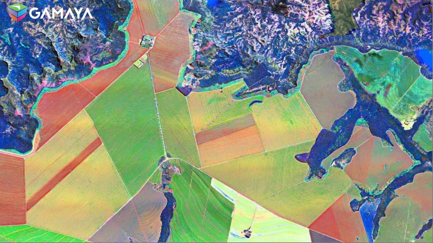 agriculture_field_Brazil_1 Hyperspectral aerial view of soybean fields with false-color spectral variations highlighting crop differences