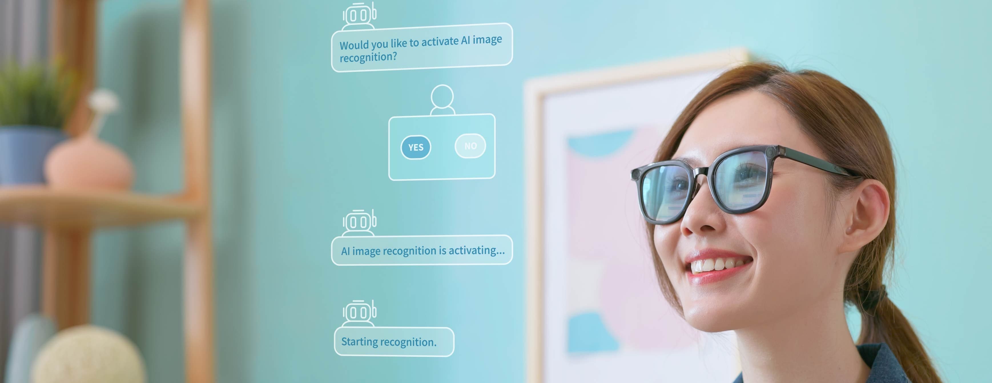 AI%20low-power%20wireless Woman wearing glasses looking at AI image recognition prompts on a screen