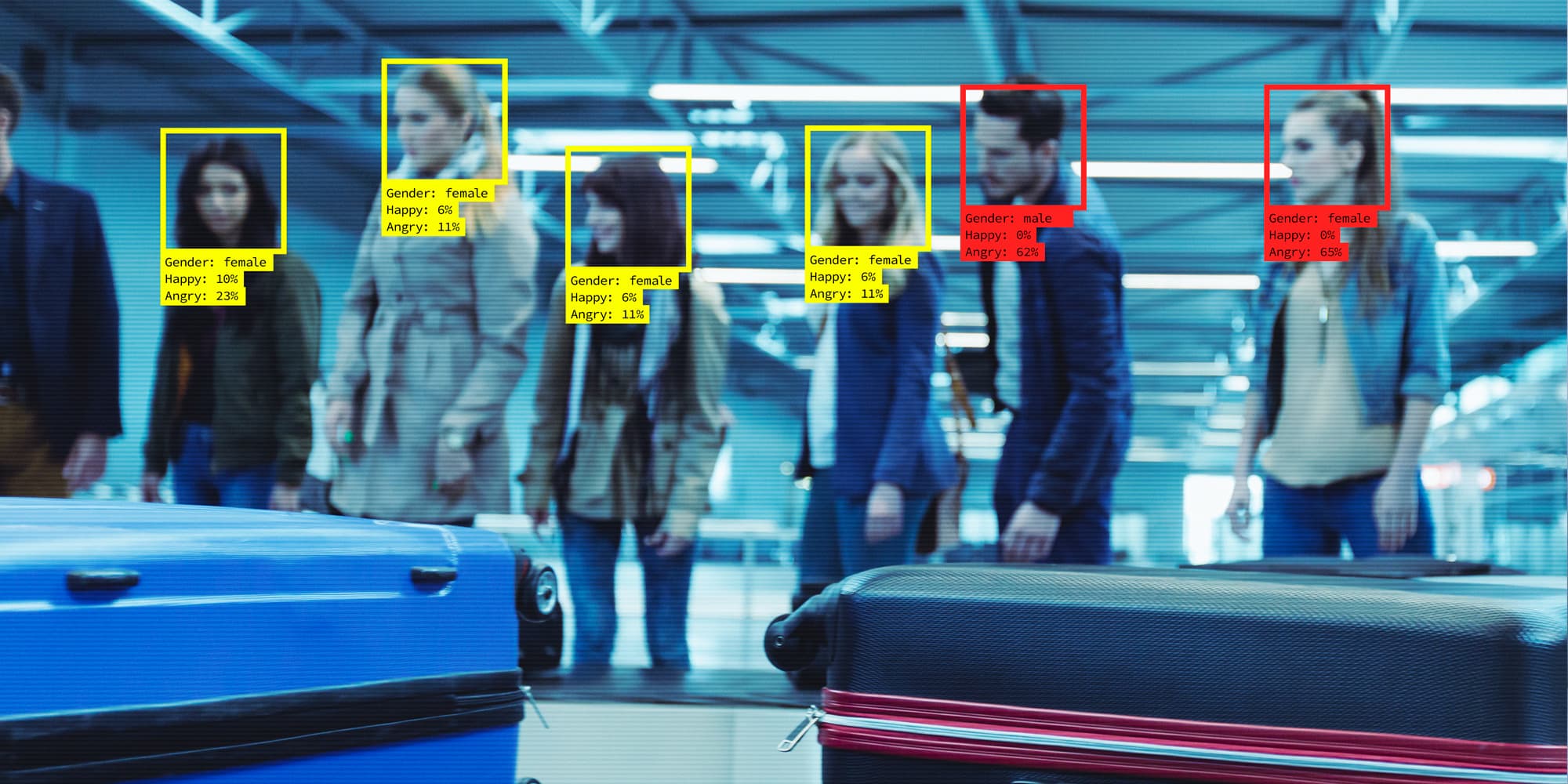 AI_facialrecognition Luchtreizigers met gezichtsherkenningsvakken over hun gezichten, ter illustratie van AI-analyse