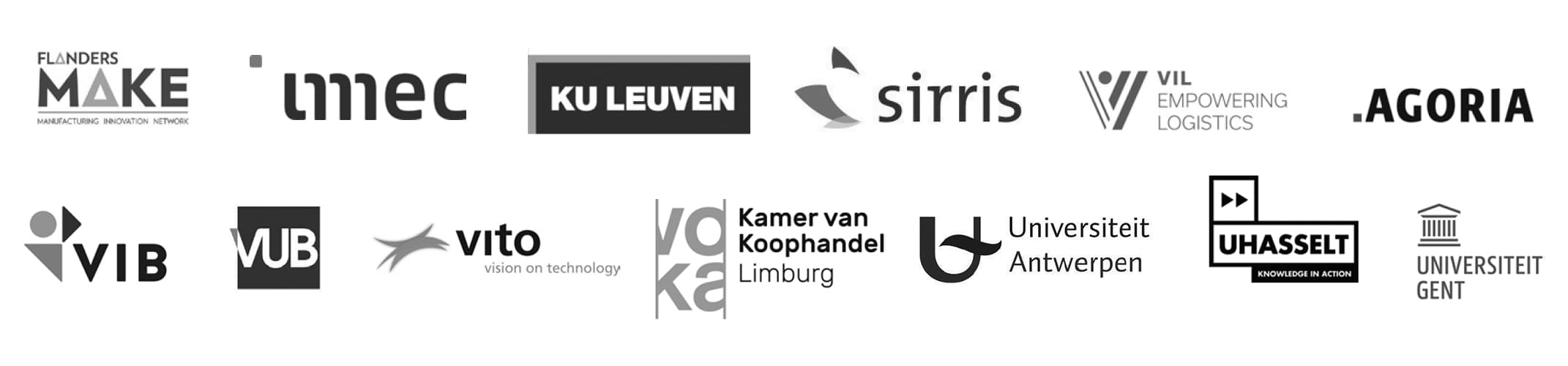 ai-partners_0 Partner logos including imec, KU Leuven, Sirris, VIL, VIB, VITO and several universities and industry groups
