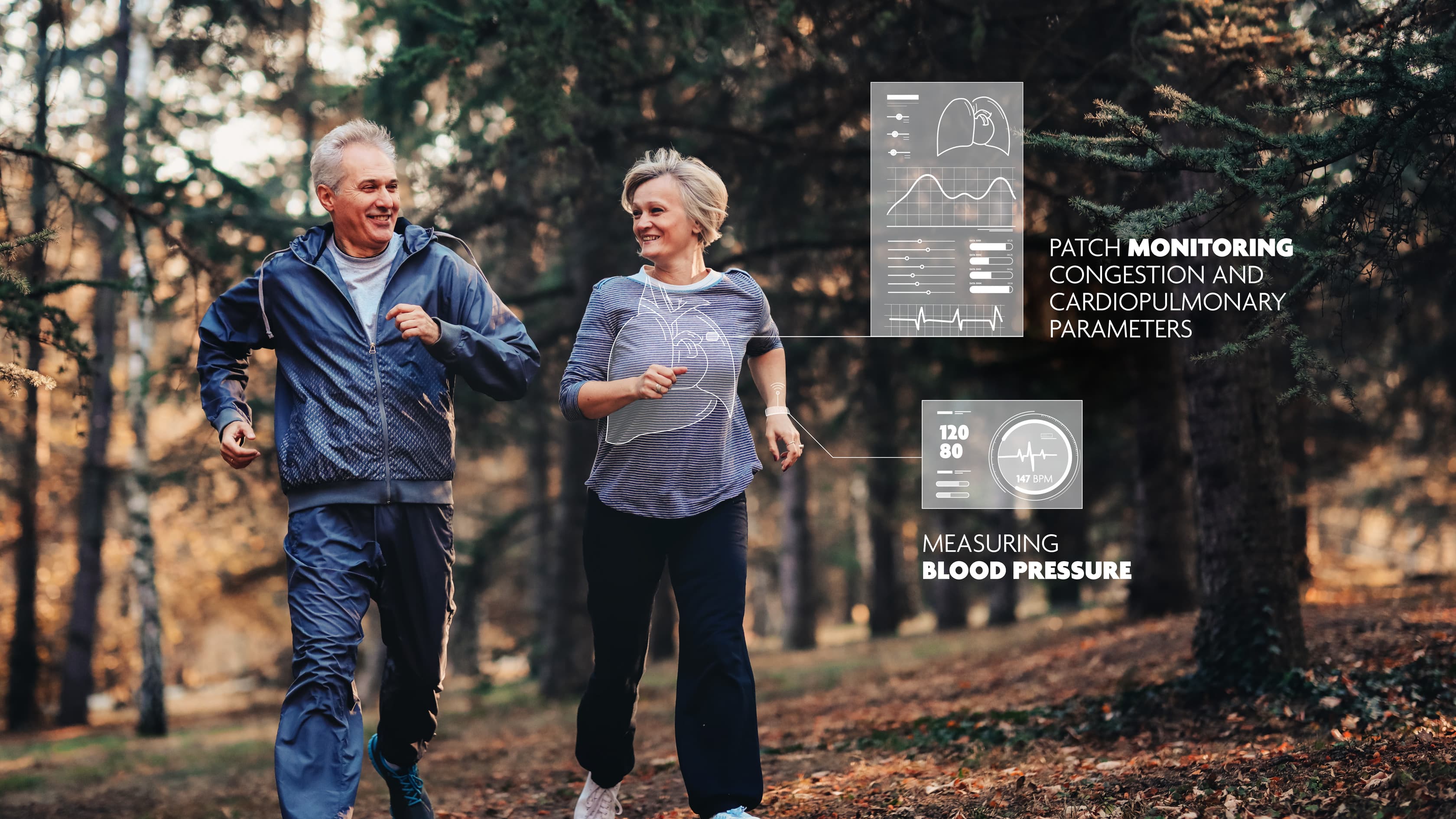 ALGO_visual_FINAL Older couple jogging in a forest with overlaid health-monitoring graphics for blood pressure and cardiopulmonary tracking.