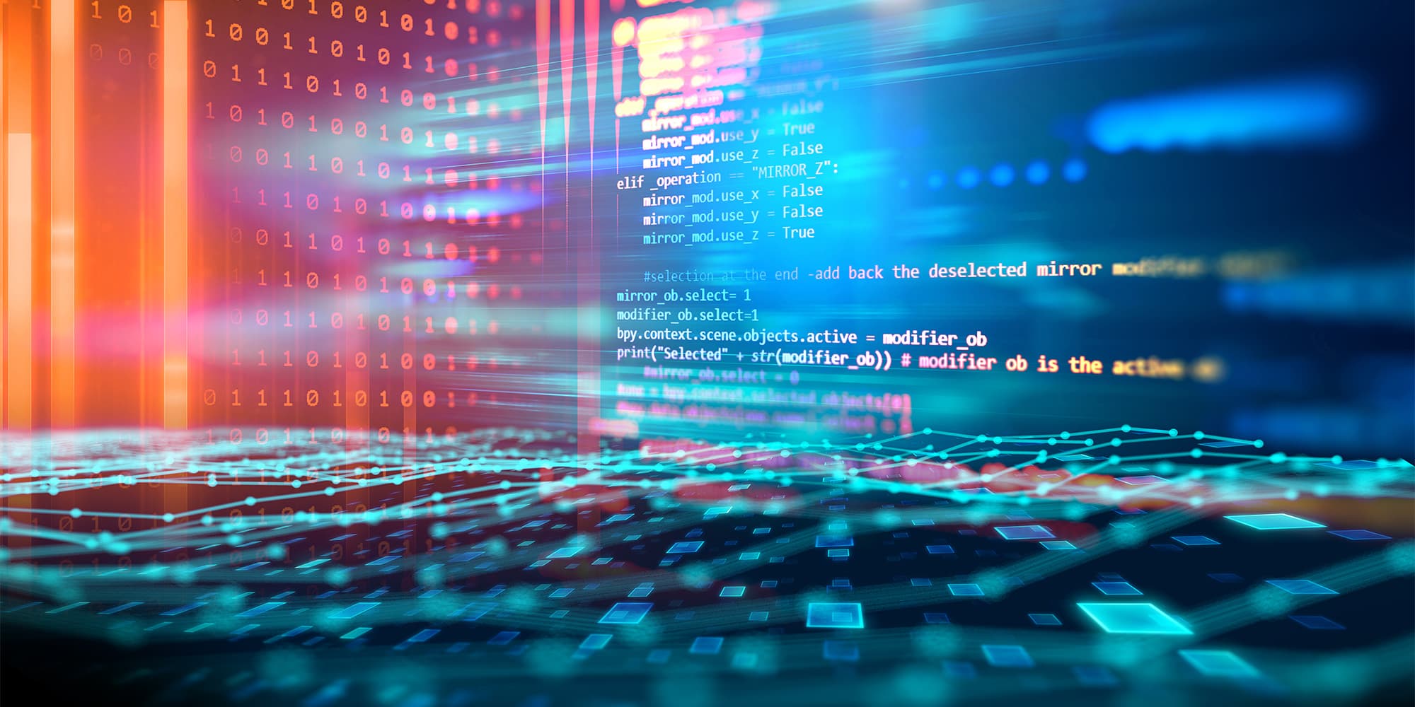 ALGORITHMS_website-2000-x-1000_v1 Abstract data streams and code over a glowing digital network, suggesting algorithms and health data analysis.
