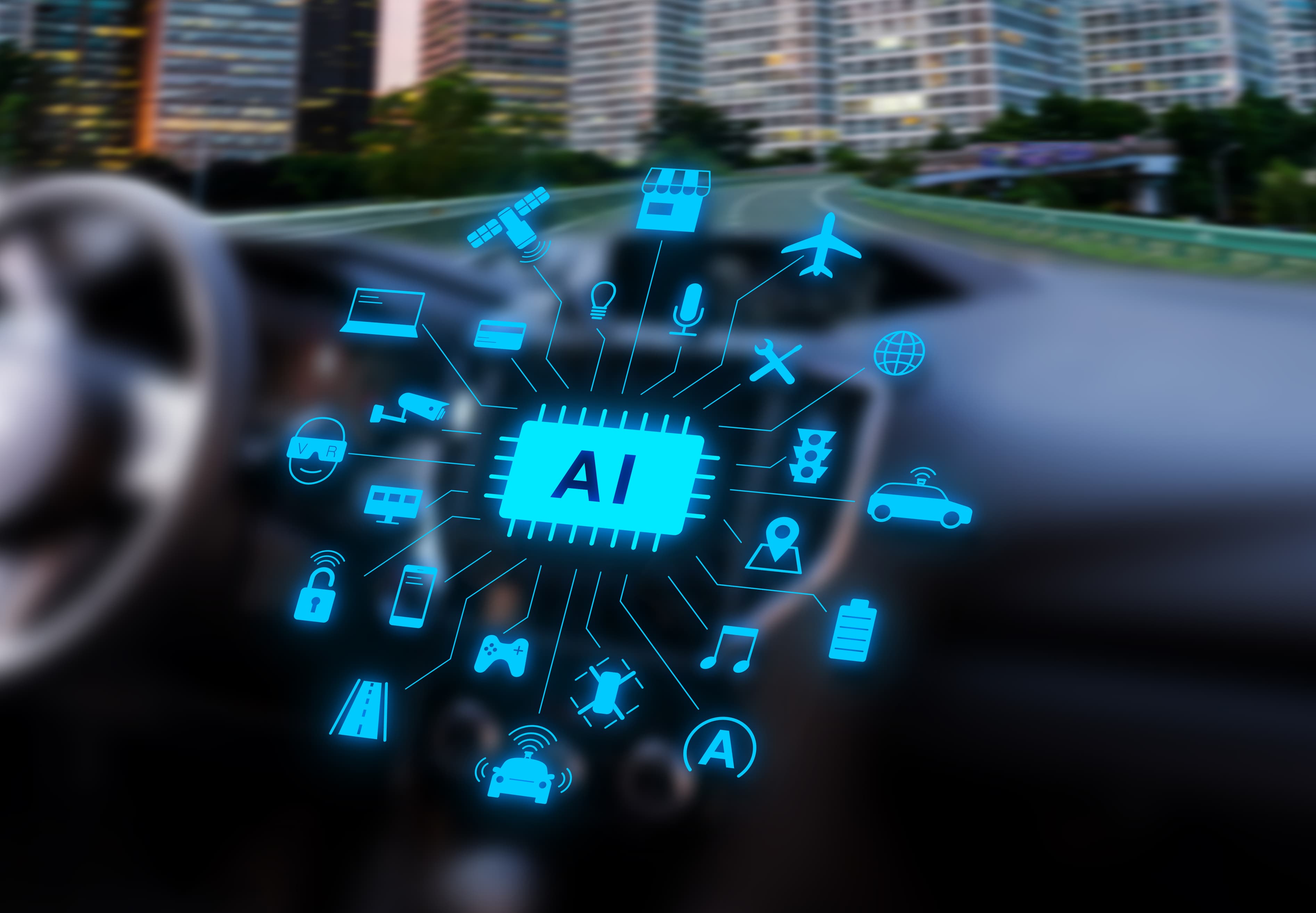 ANIA Glowing AI chip icon surrounded by connected device symbols over a blurred city roadway background